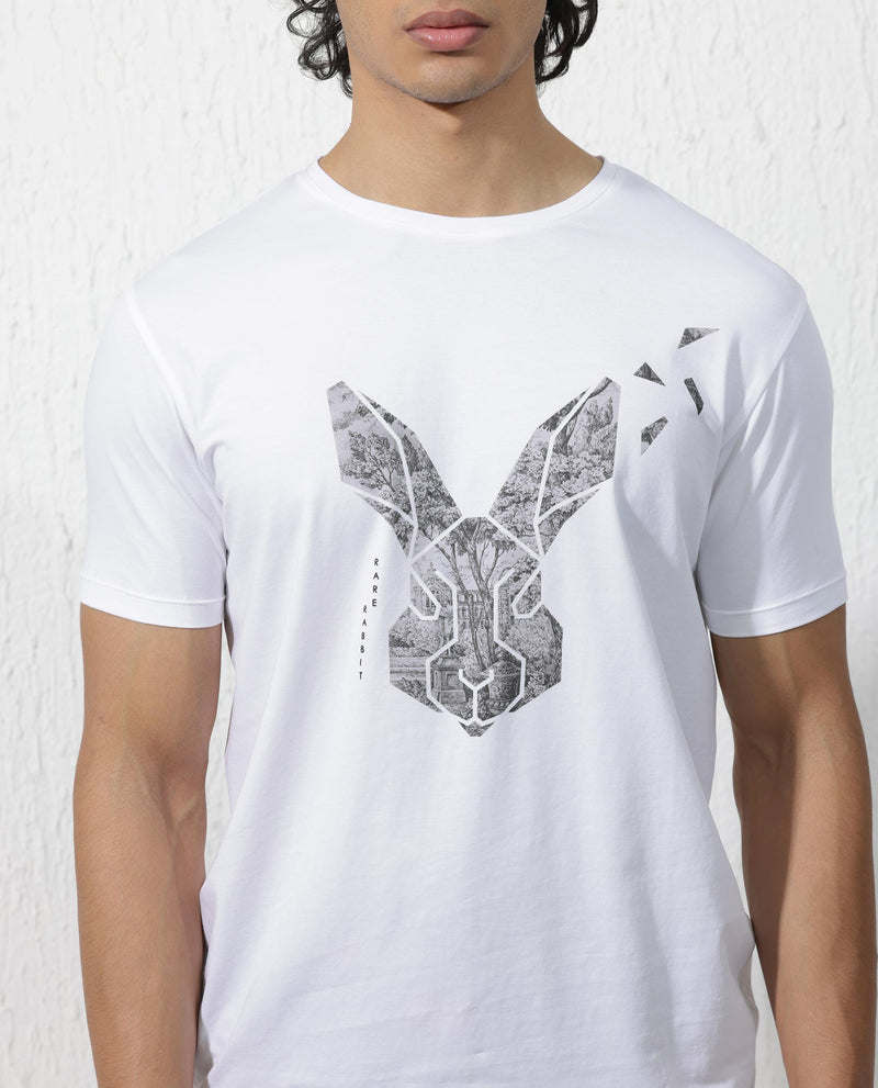Rare Rabbit Men's Arbor White Cotton Lycra Fabric Half Sleeves Graphic Logo Print T-Shirt