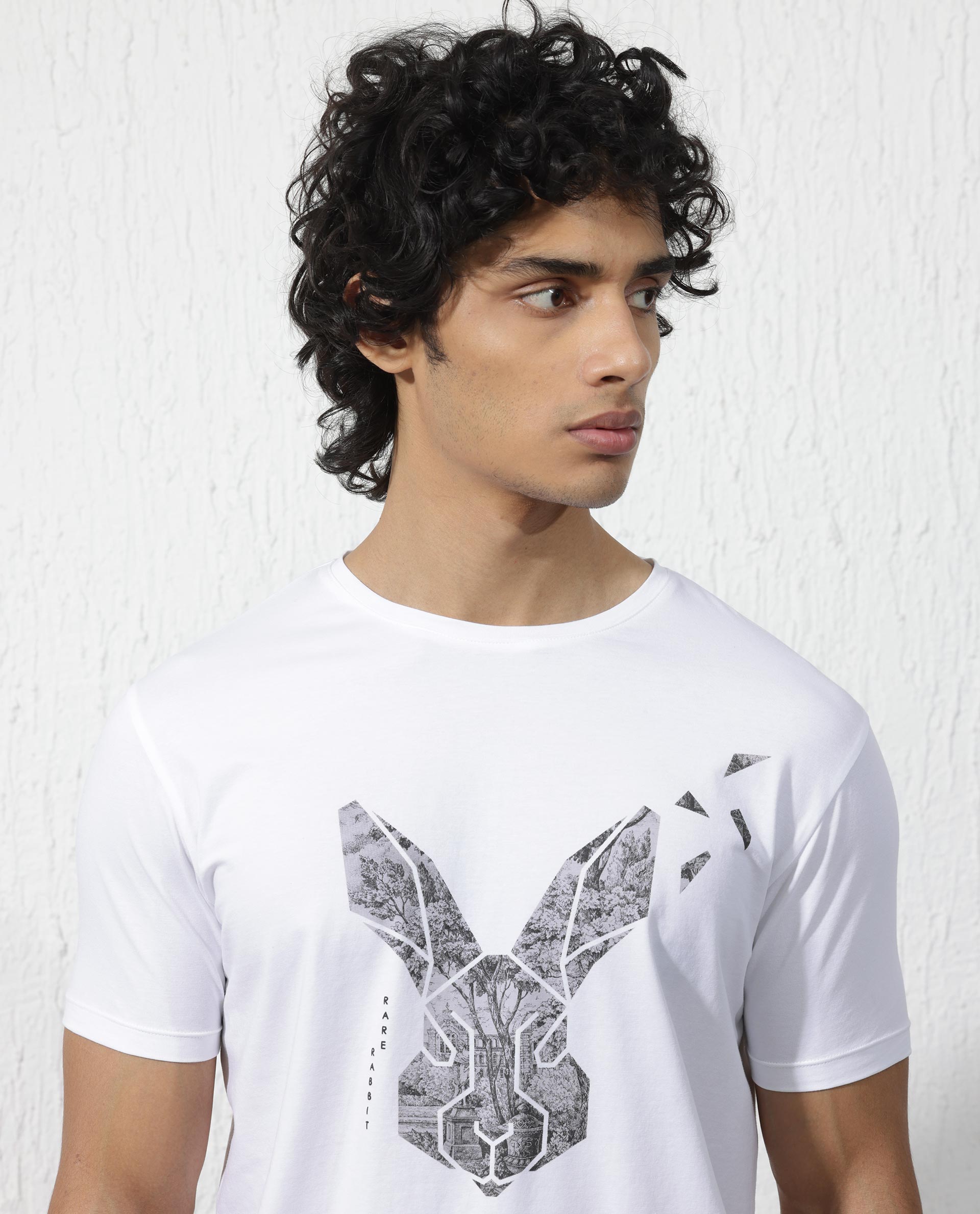 Rare Rabbit Men's Arbor White Cotton Lycra Fabric Half Sleeves Graphic Logo Print T-Shirt