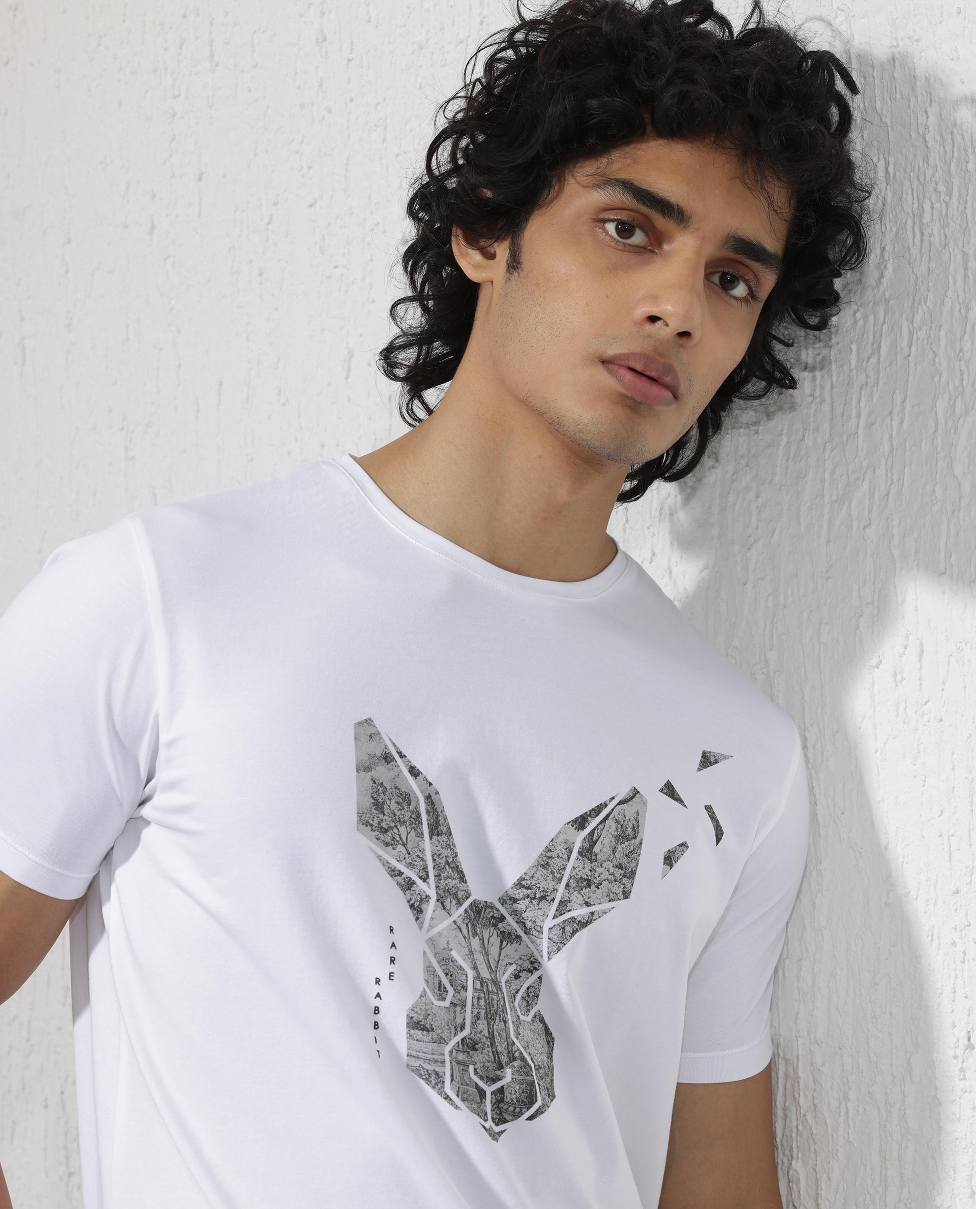 Rare Rabbit Men's Arbor White Cotton Lycra Fabric Half Sleeves Graphic Logo Print T-Shirt