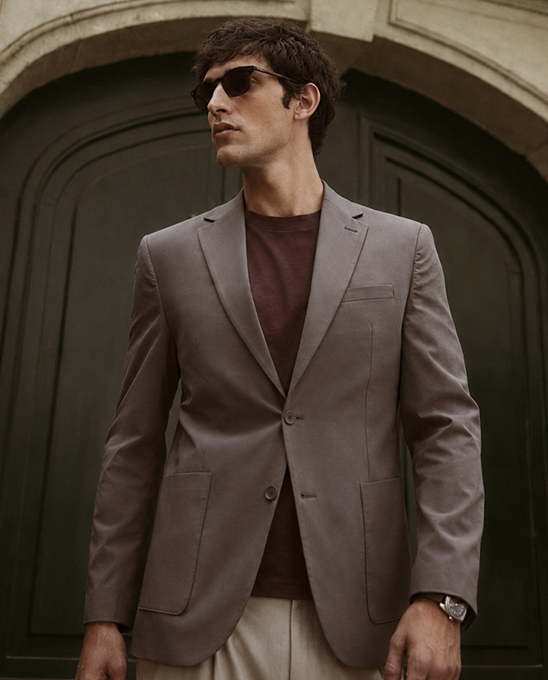 Rare Rabbit Men's Arca Dark Brown Polyester Blend Fabric Full Sleeve Lapel Collar Regular Plain Blazer