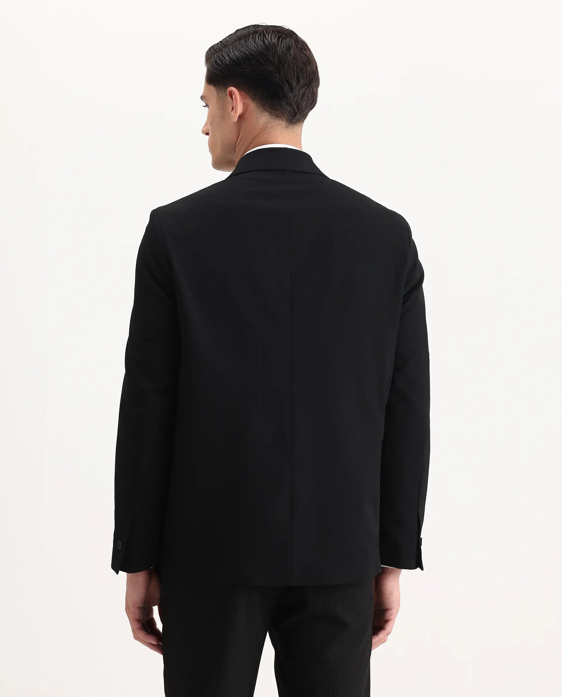Rare Rabbit Men's Arcade Black Polyester Blend Fabric Full Sleeve Lapel Neck Plain Blazer