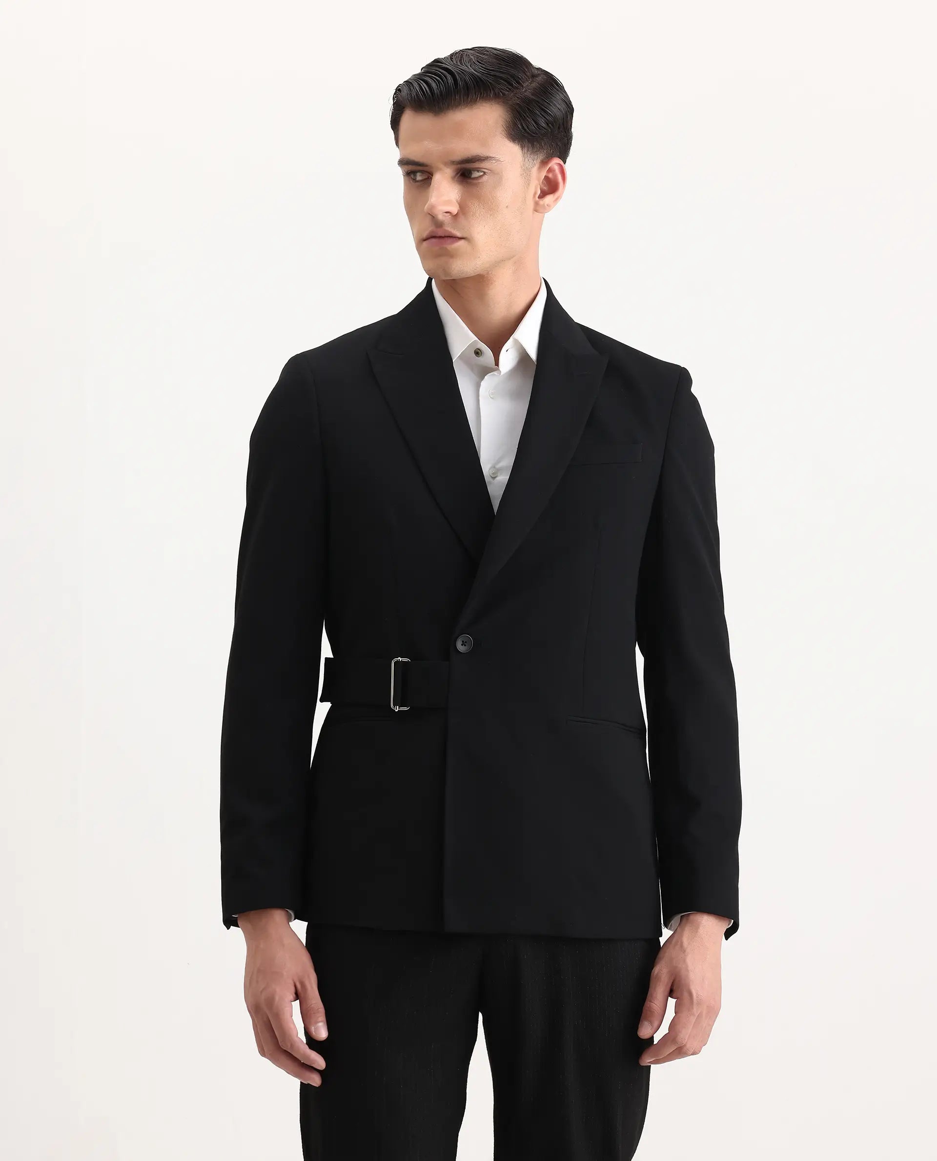Rare Rabbit Men's Arcade Black Polyester Blend Fabric Full Sleeve Lapel Neck Plain Blazer