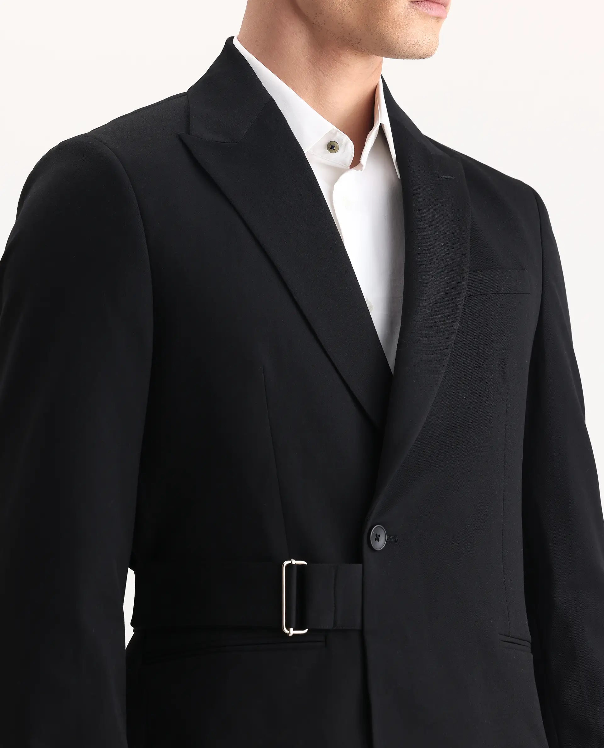 Rare Rabbit Men's Arcade Black Polyester Blend Fabric Full Sleeve Lapel Neck Plain Blazer
