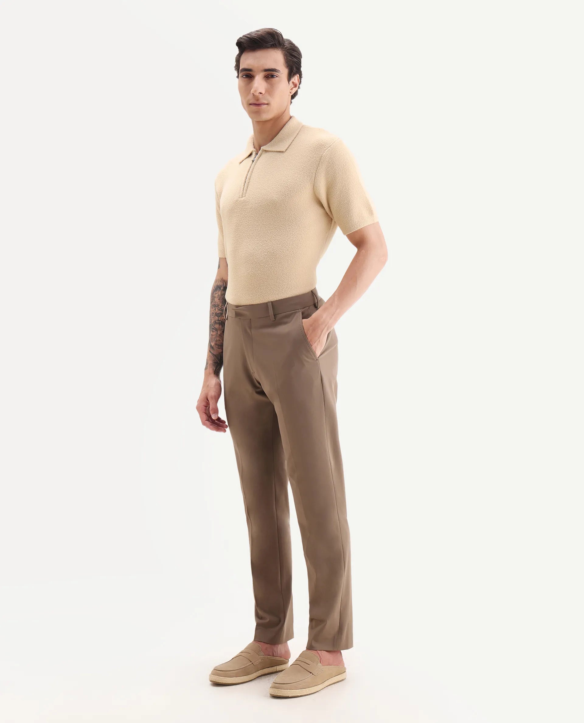 Rare Rabbit Men Arcade Beige Polyester Fabric Hook And Zipper Closure Regular Fit Plain Trouser