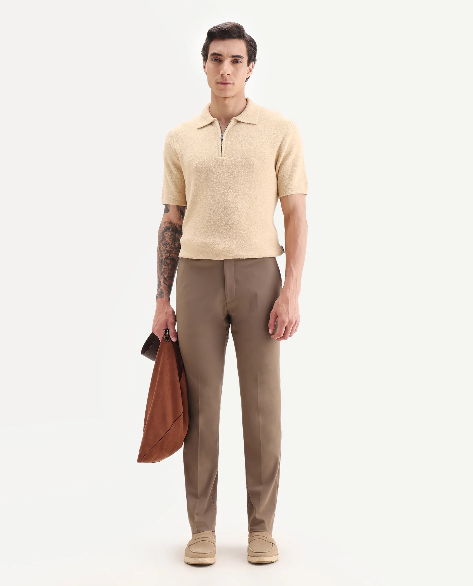 Rare Rabbit Men Arcade Beige Polyester Fabric Hook And Zipper Closure Regular Fit Plain Trouser