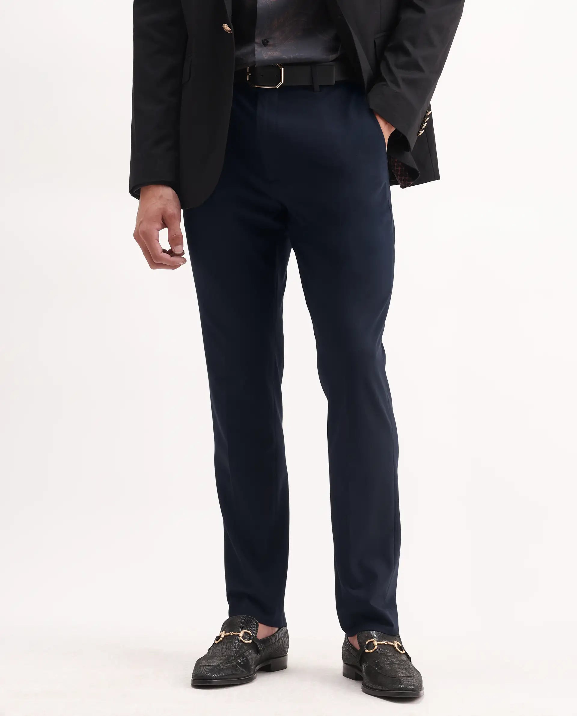 Rare Rabbit Men's Arcade Dark Navy Polyester Plain Regular Fit Trouser