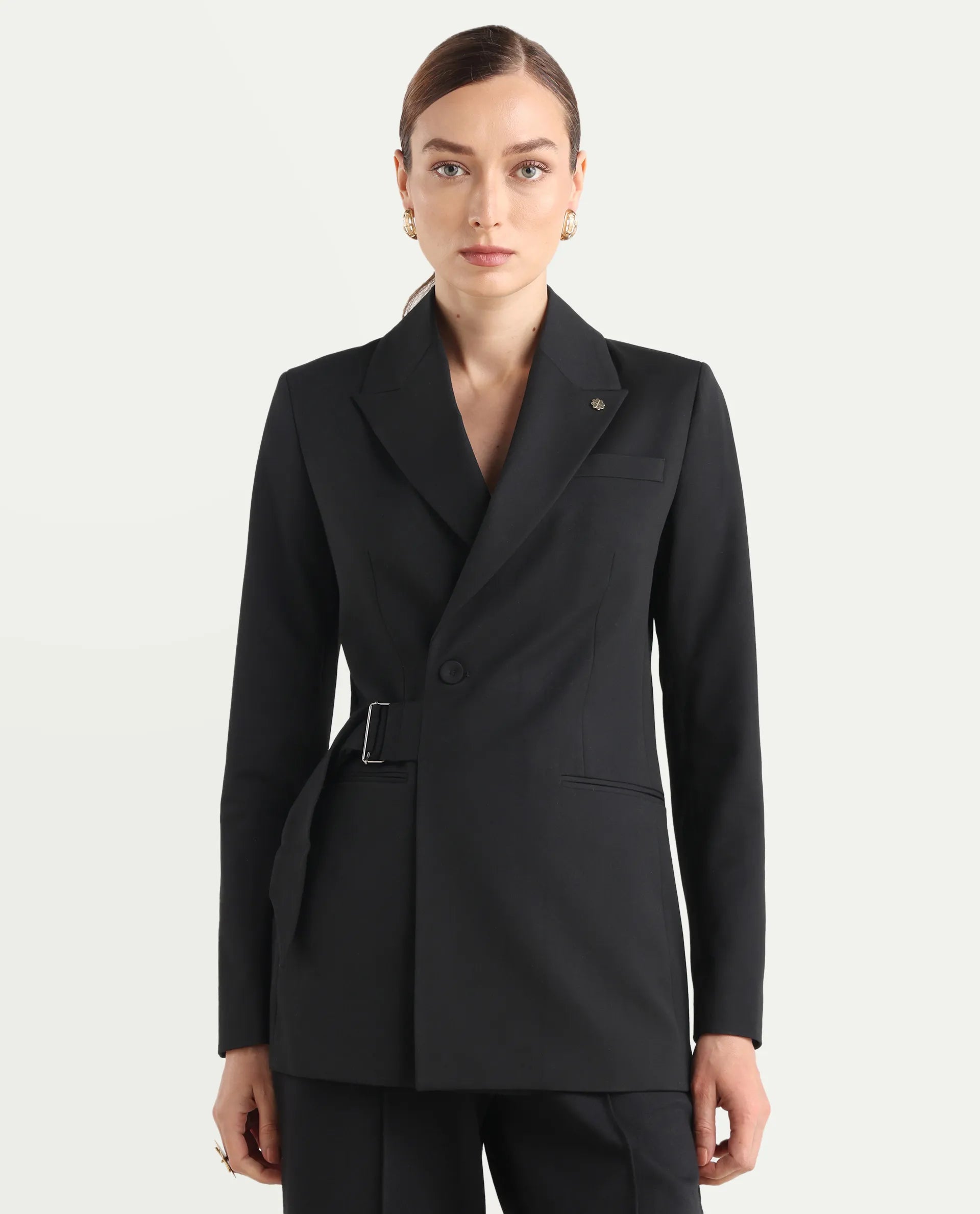 Rareism Women's Arcadia-T Black Polyester Blend Full Sleeve Lapel Collar Plain Blazer