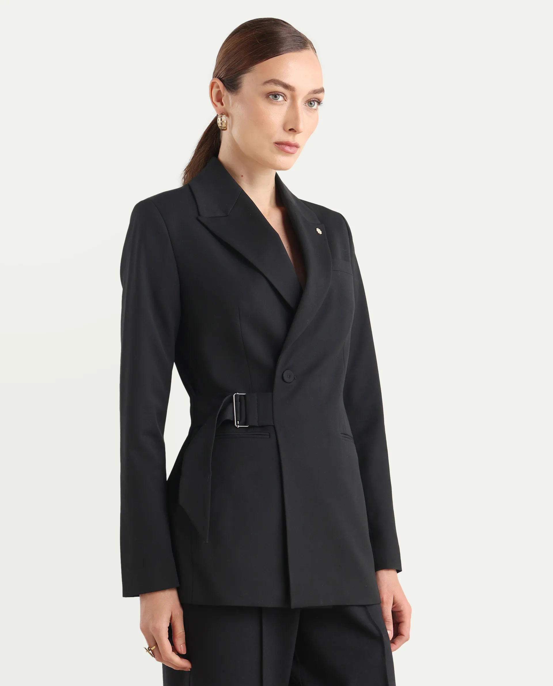 Rareism Women's Arcadia-T Black Polyester Blend Full Sleeve Lapel Collar Plain Blazer