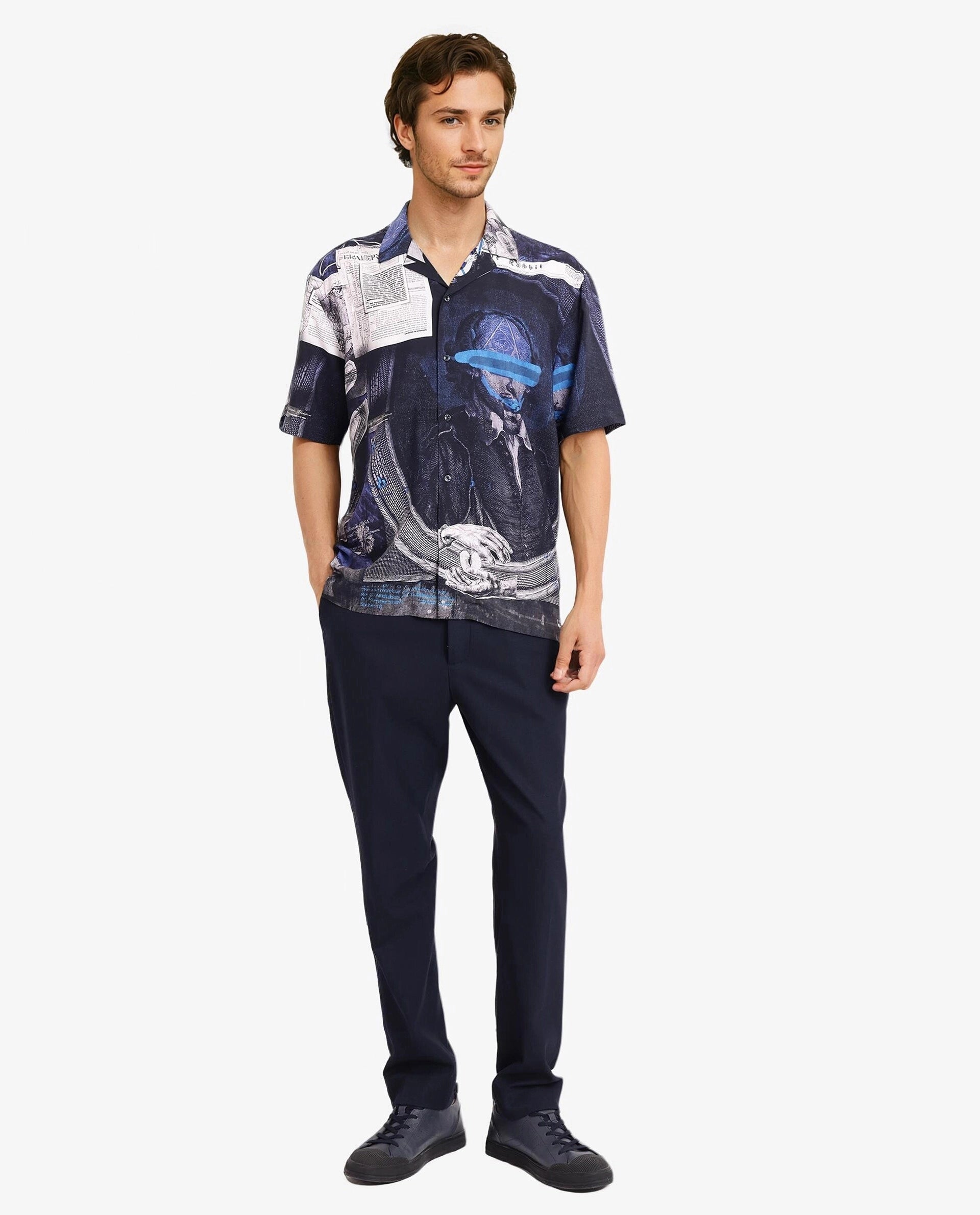 Rare Rabbit Men's Arc Black Viscose Fabric Cuban Collar Boxy Fit Abstract Placement Print Shirt