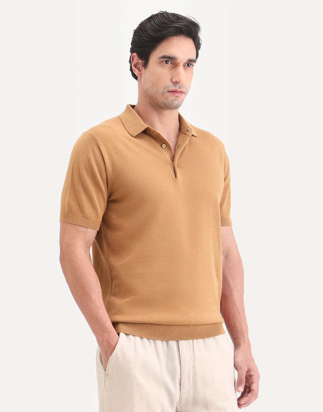 Rare Rabbit Men's Arc Dusky Orange Cotton Fabric Half Sleeve Spread Collar Regular Plain Polo