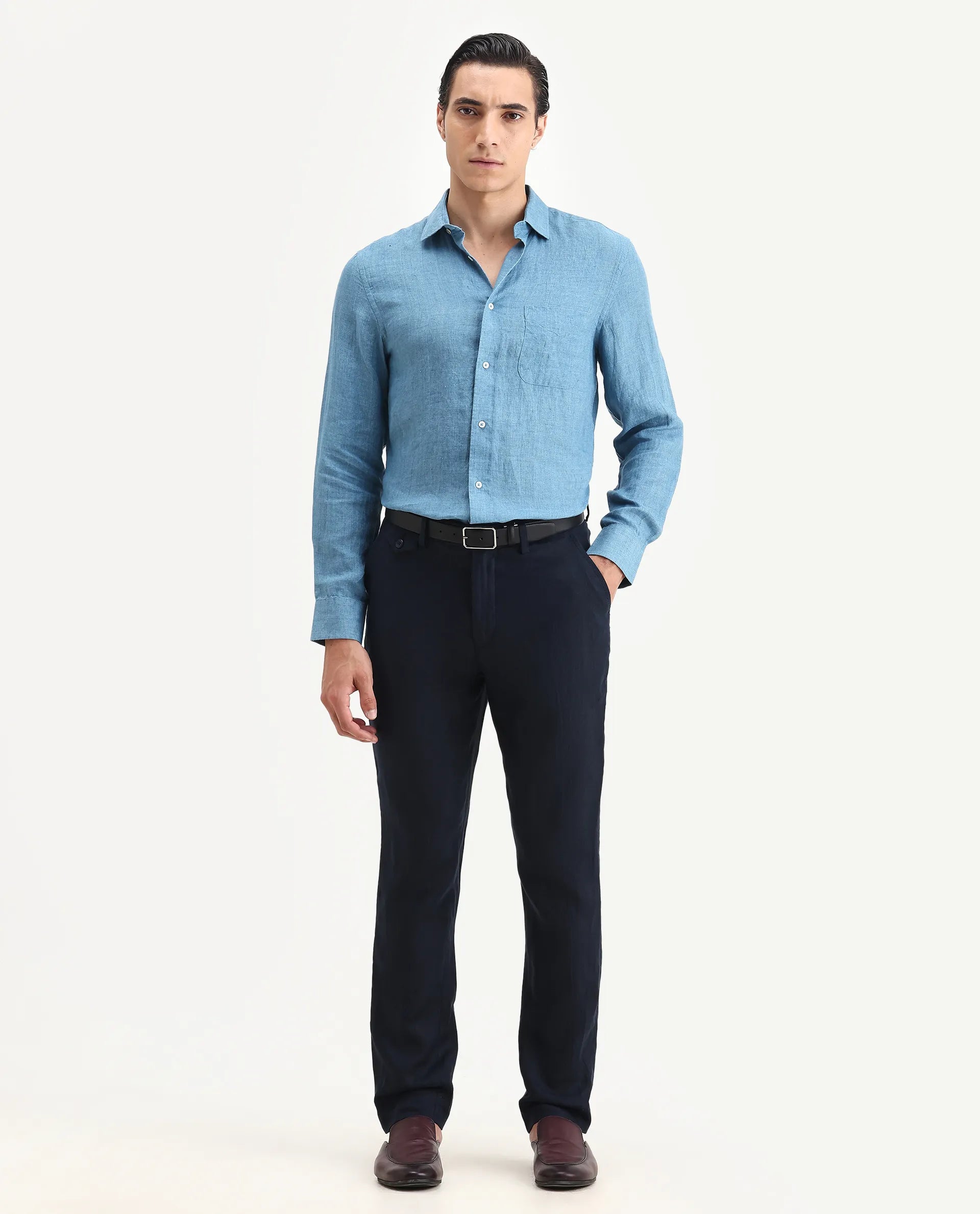 Rare Rabbit Men's Arcelo-2 Navy Linen Plain Regular Fit Trouser