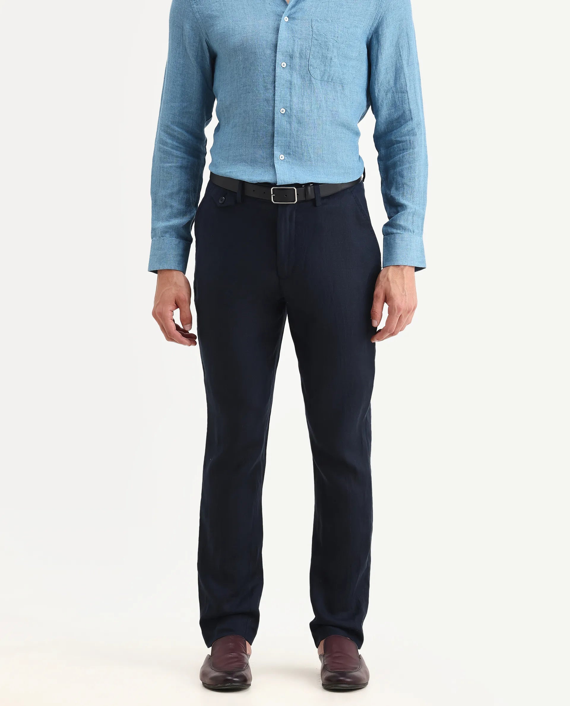 Rare Rabbit Men's Arcelo-2 Navy Linen Plain Regular Fit Trouser