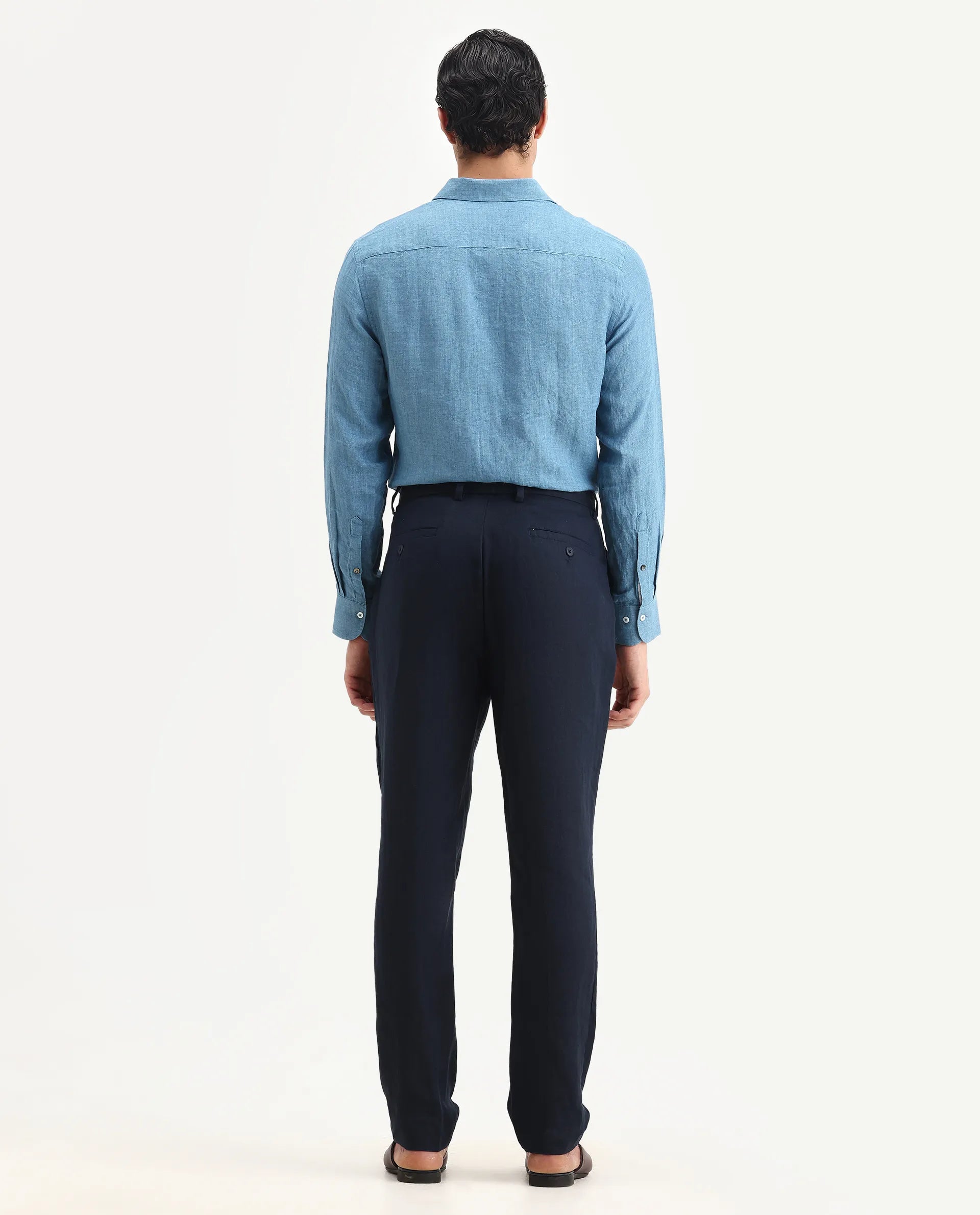 Rare Rabbit Men's Arcelo-2 Navy Linen Plain Regular Fit Trouser