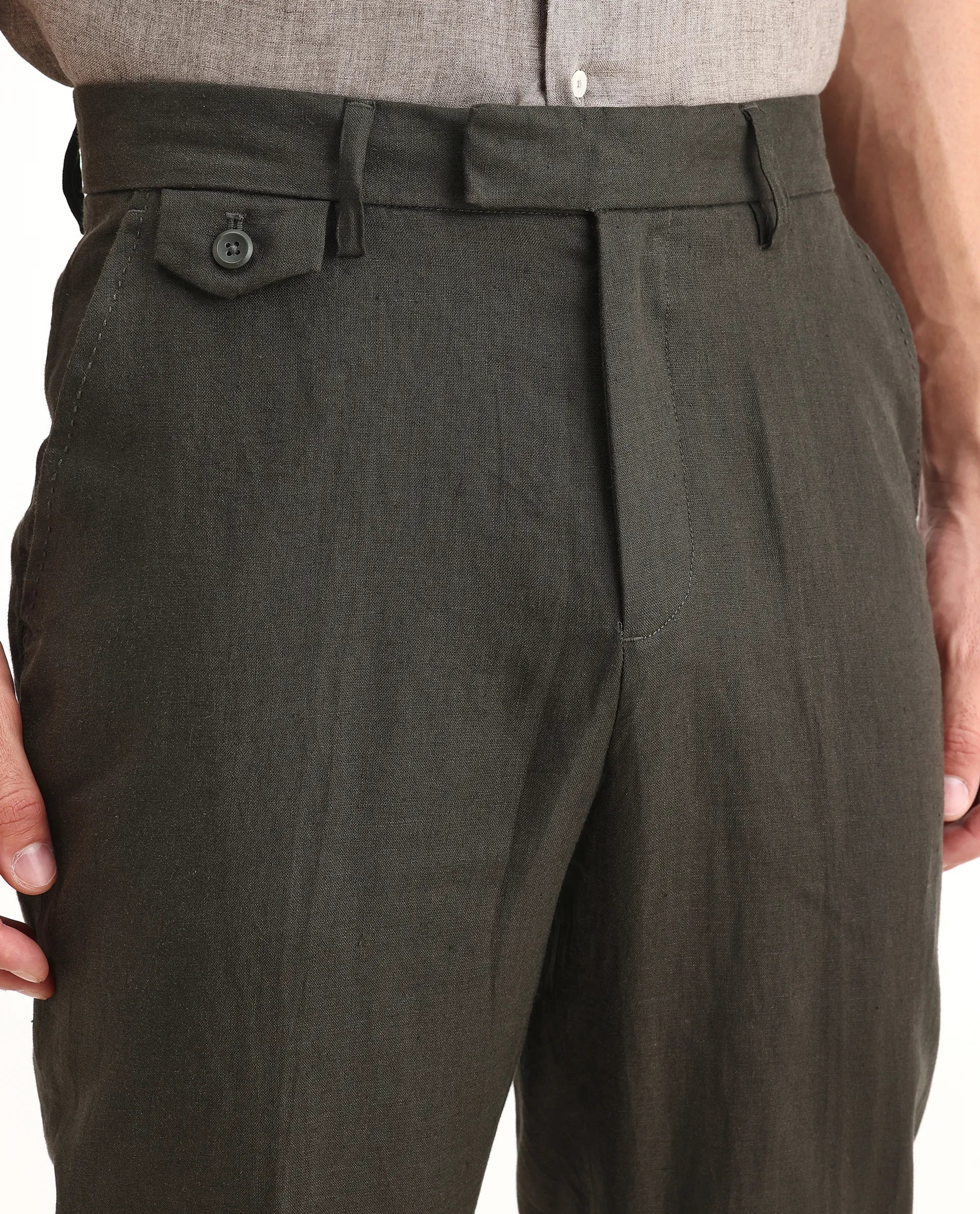 Rare Rabbit Men's Arcelo-2 Olive 100% Linen Plain Regular Fit Trouser