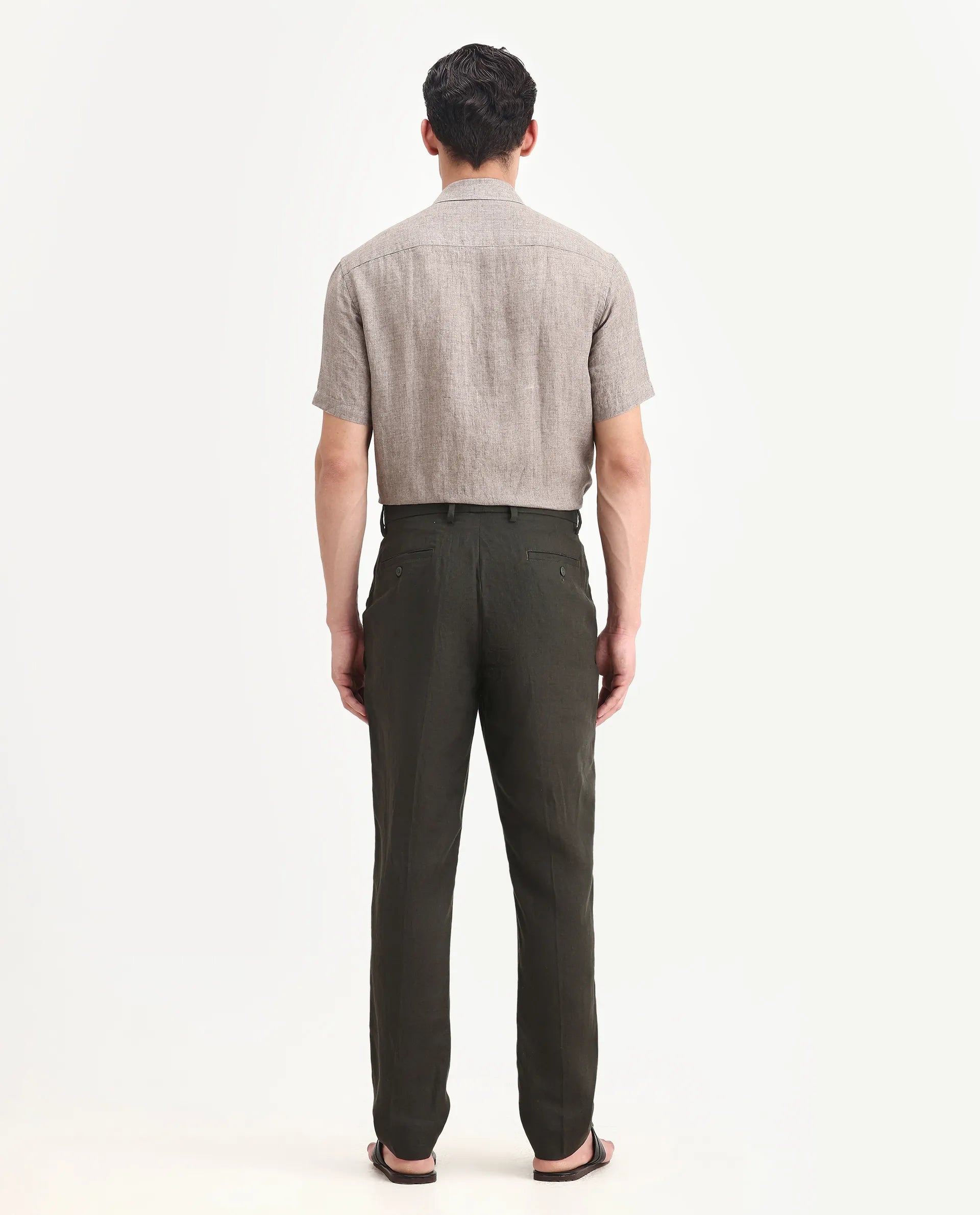 Rare Rabbit Men's Arcelo-2 Olive 100% Linen Plain Regular Fit Trouser