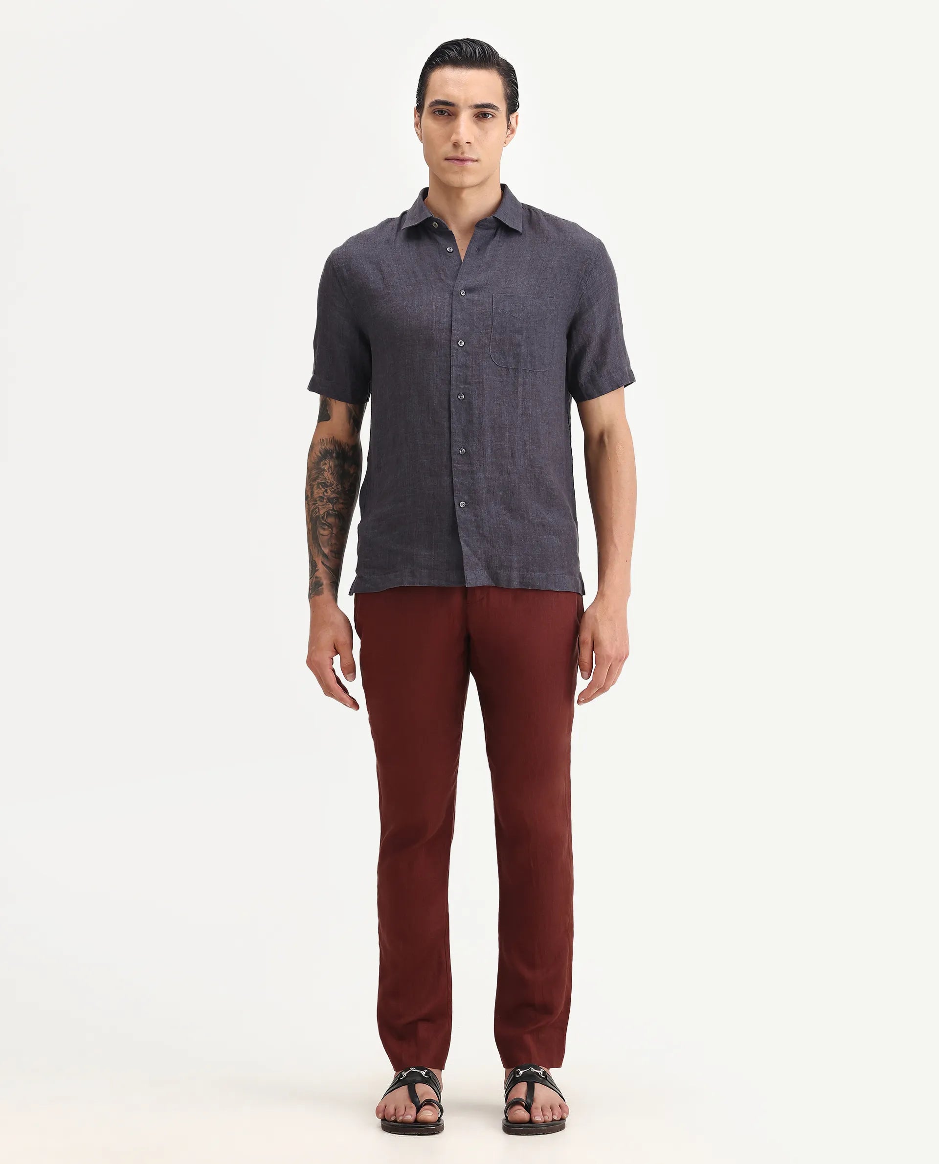 Rare Rabbit Men's Arcelo-2 Rust 100% Linen Plain Regular Fit Trouser