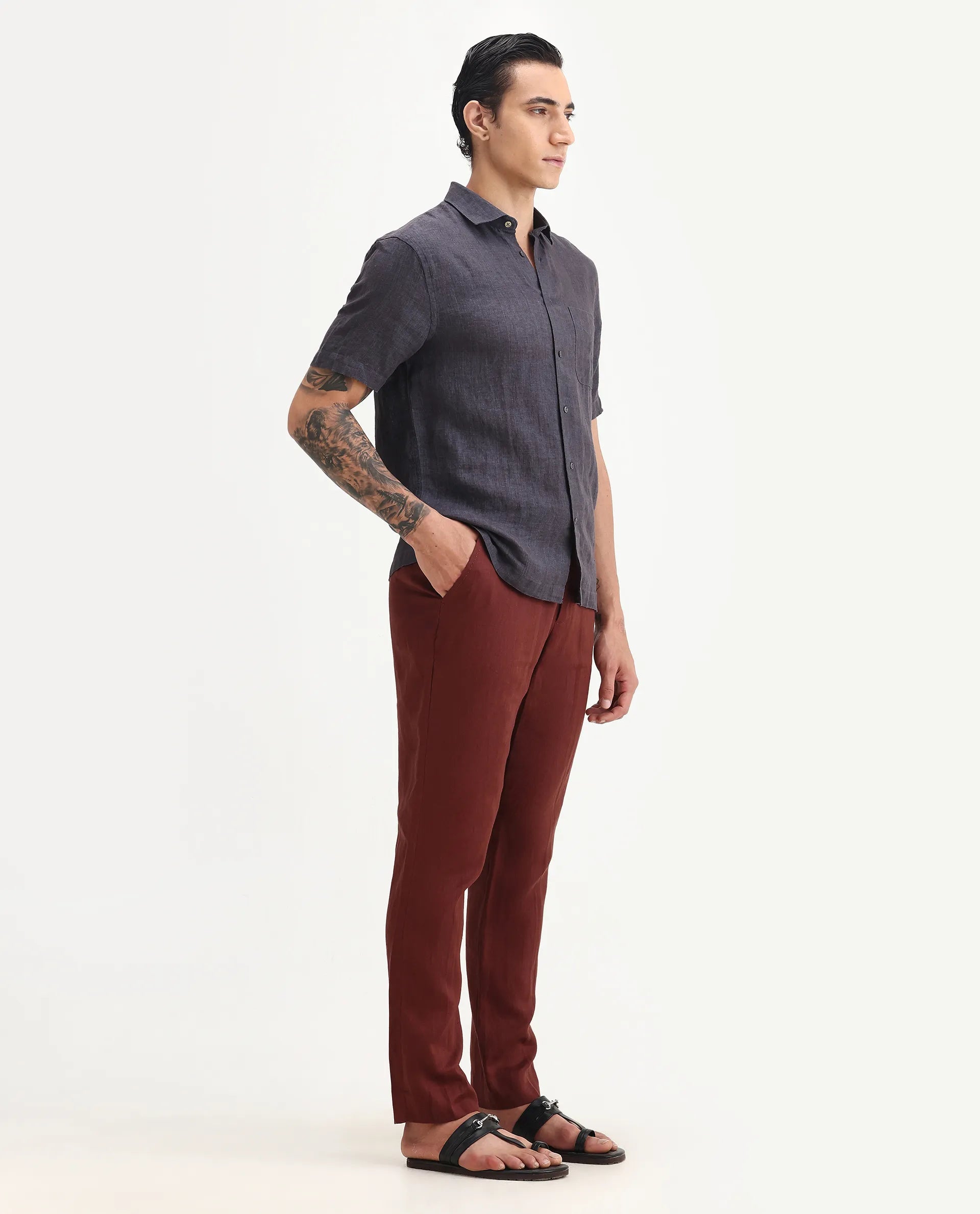 Rare Rabbit Men's Arcelo-2 Rust 100% Linen Plain Regular Fit Trouser