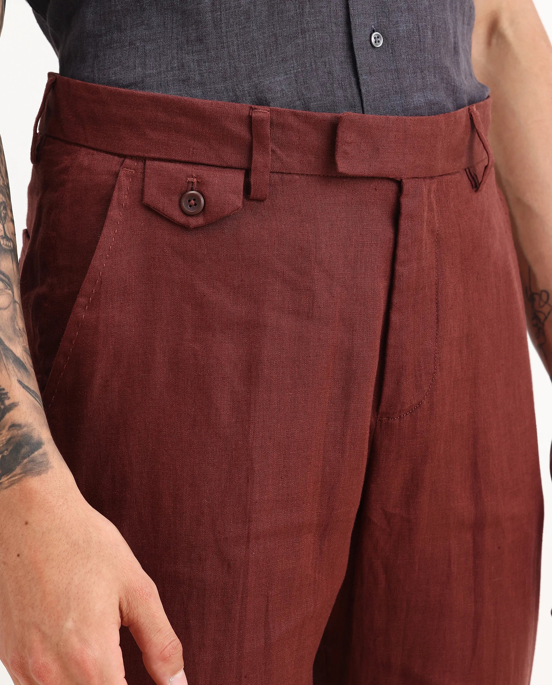 Rare Rabbit Men's Arcelo-2 Rust 100% Linen Plain Regular Fit Trouser