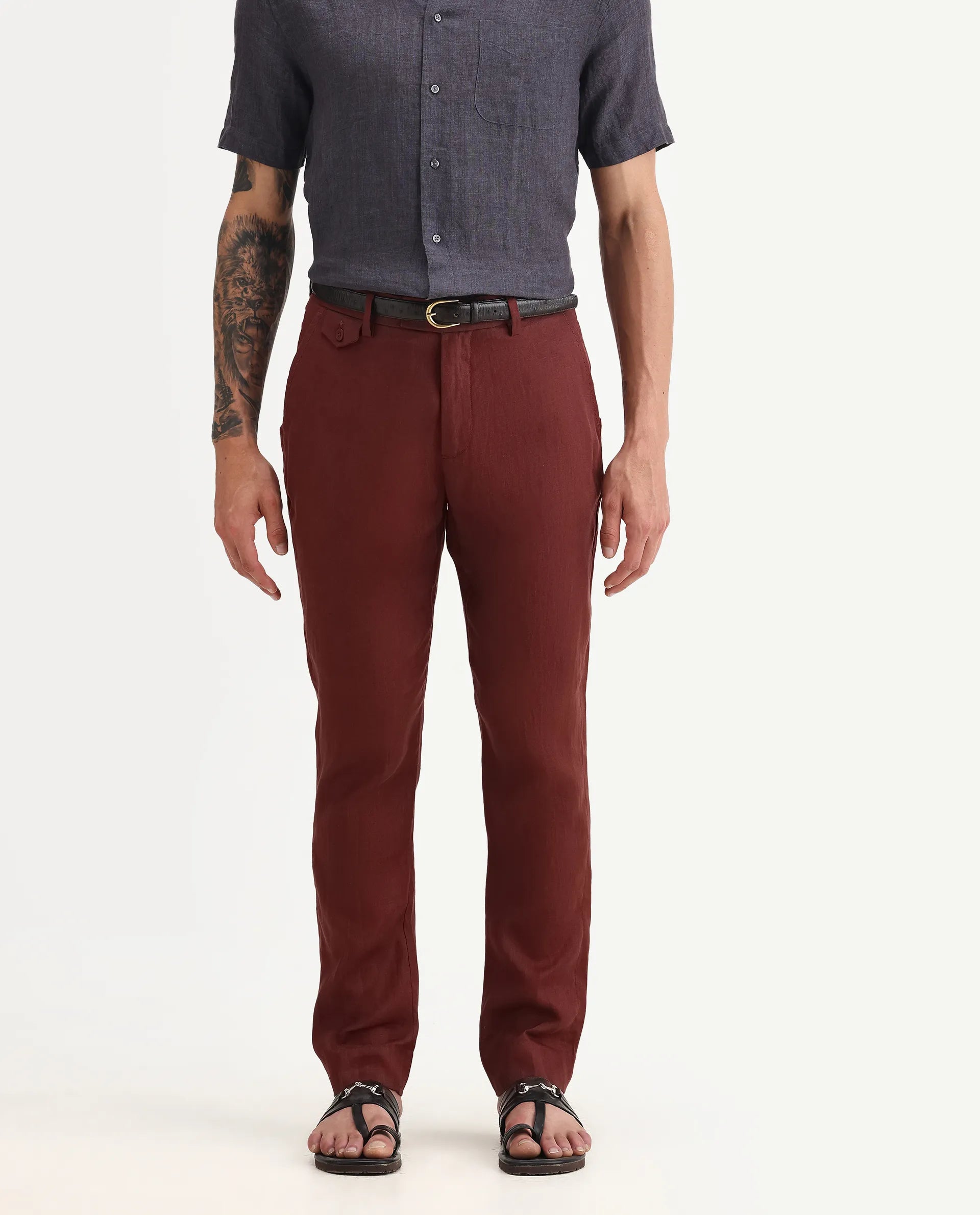 Rare Rabbit Men's Arcelo-2 Rust 100% Linen Plain Regular Fit Trouser