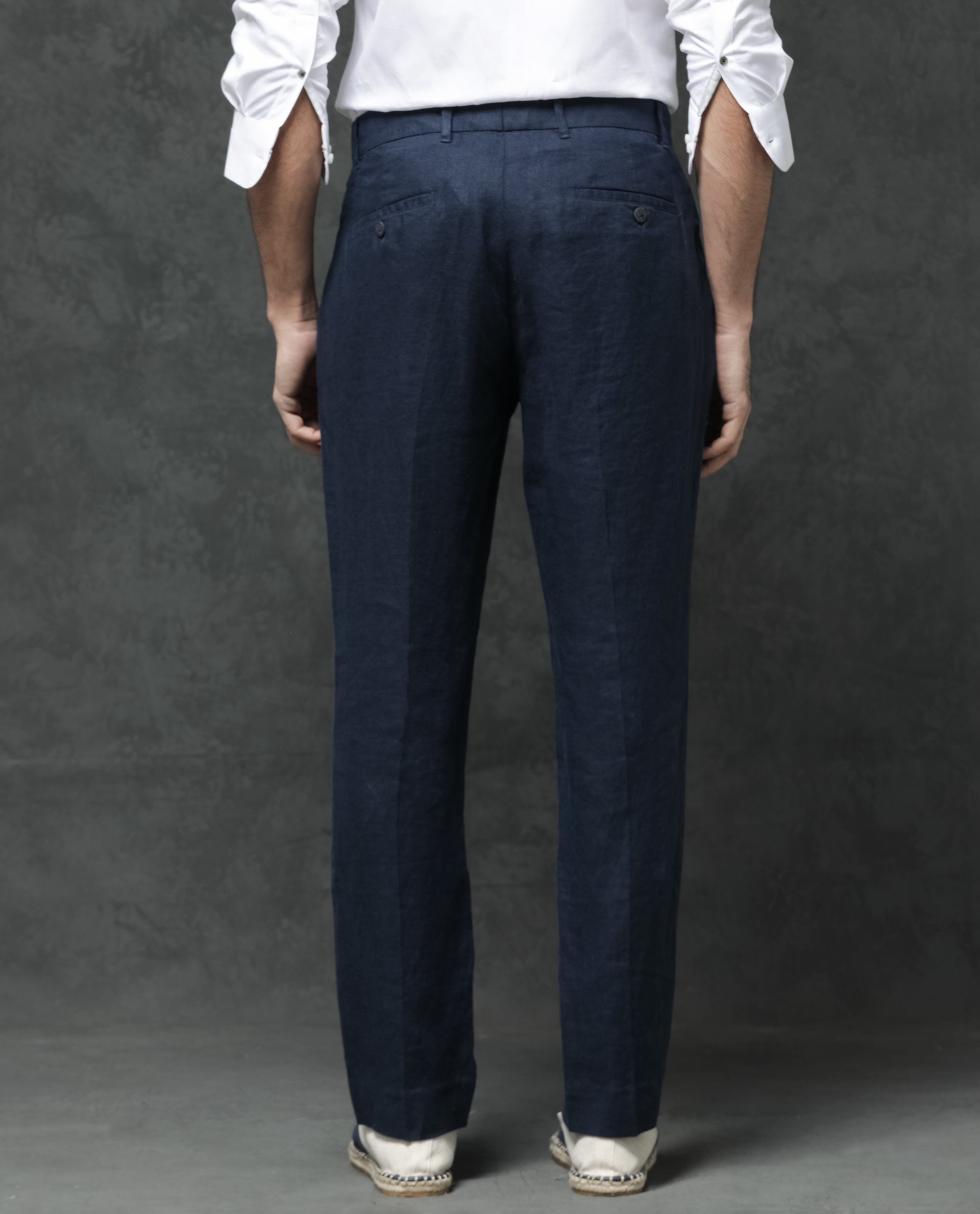 Rare Rabbit Mens Arcelo Navy Linen Solid Color Trouser