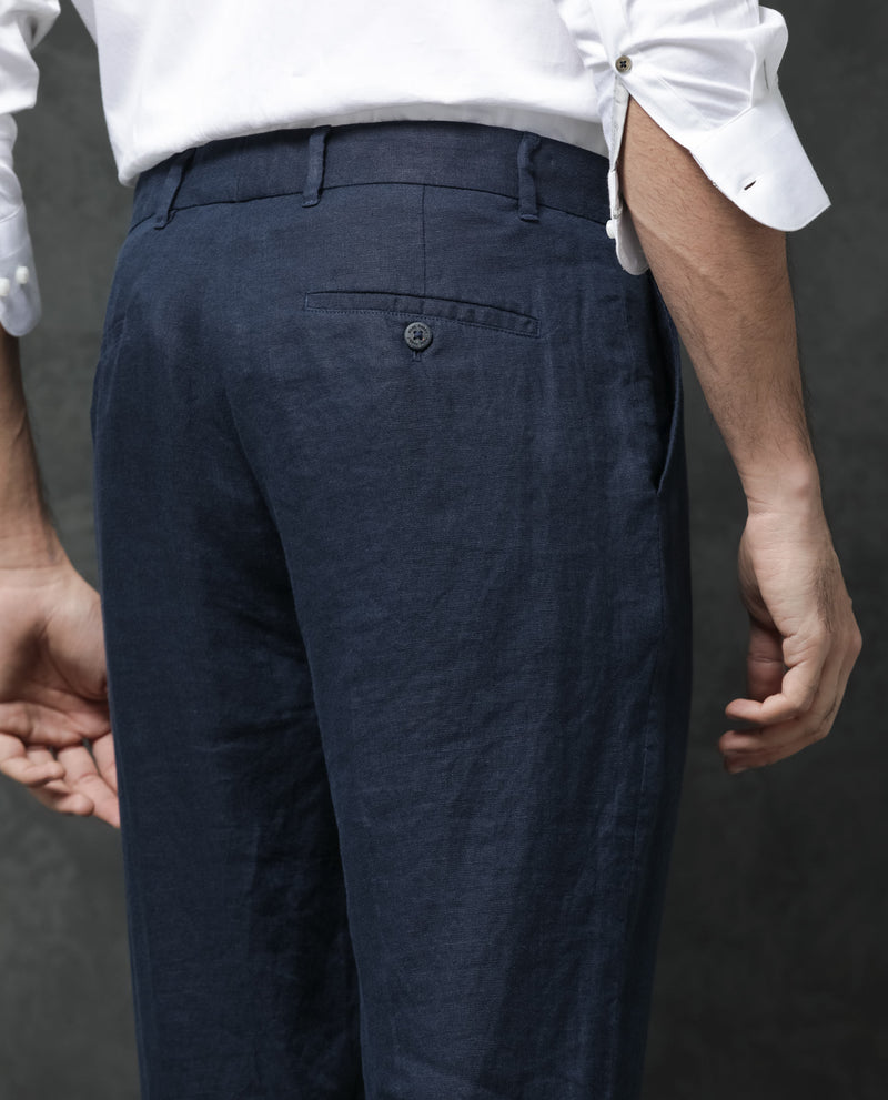 Rare Rabbit Mens Arcelo Navy Linen Solid Color Trouser