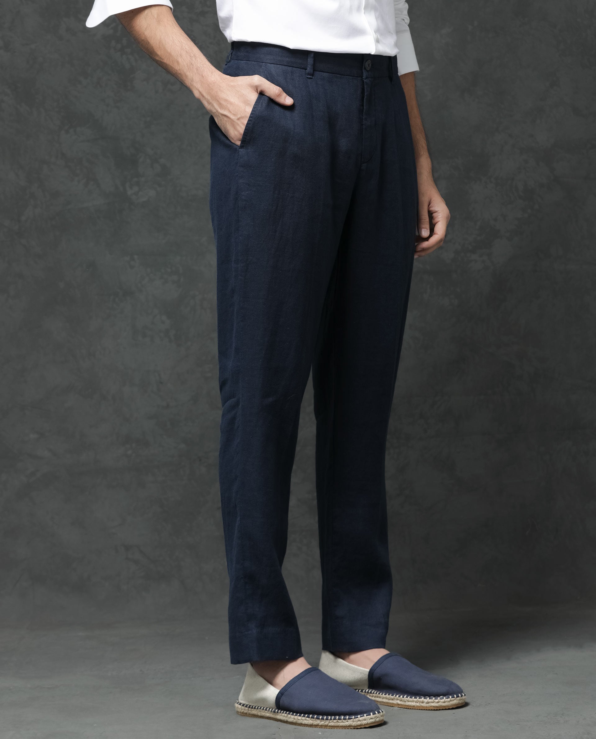 Rare Rabbit Mens Arcelo Navy Linen Solid Color Trouser