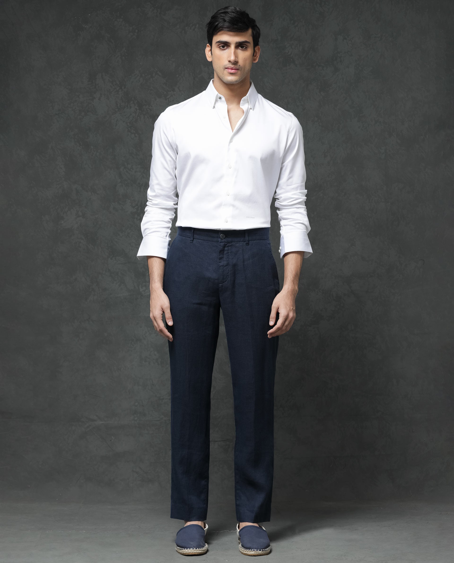 Rare Rabbit Mens Arcelo Navy Linen Solid Color Trouser