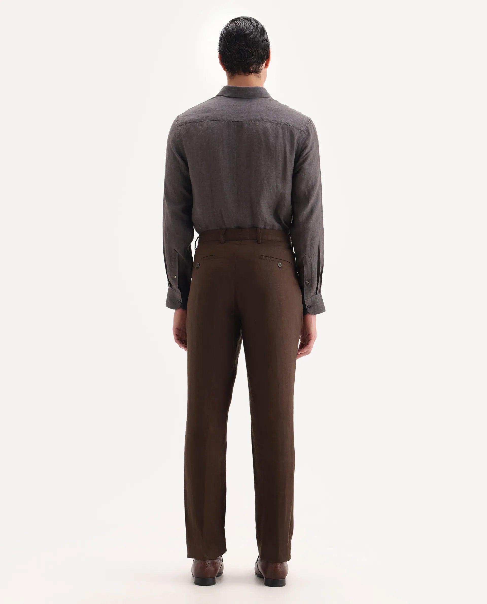 Rare Rabbit Men's Arcelo Brown Linen Plain Regular Fit Trouser