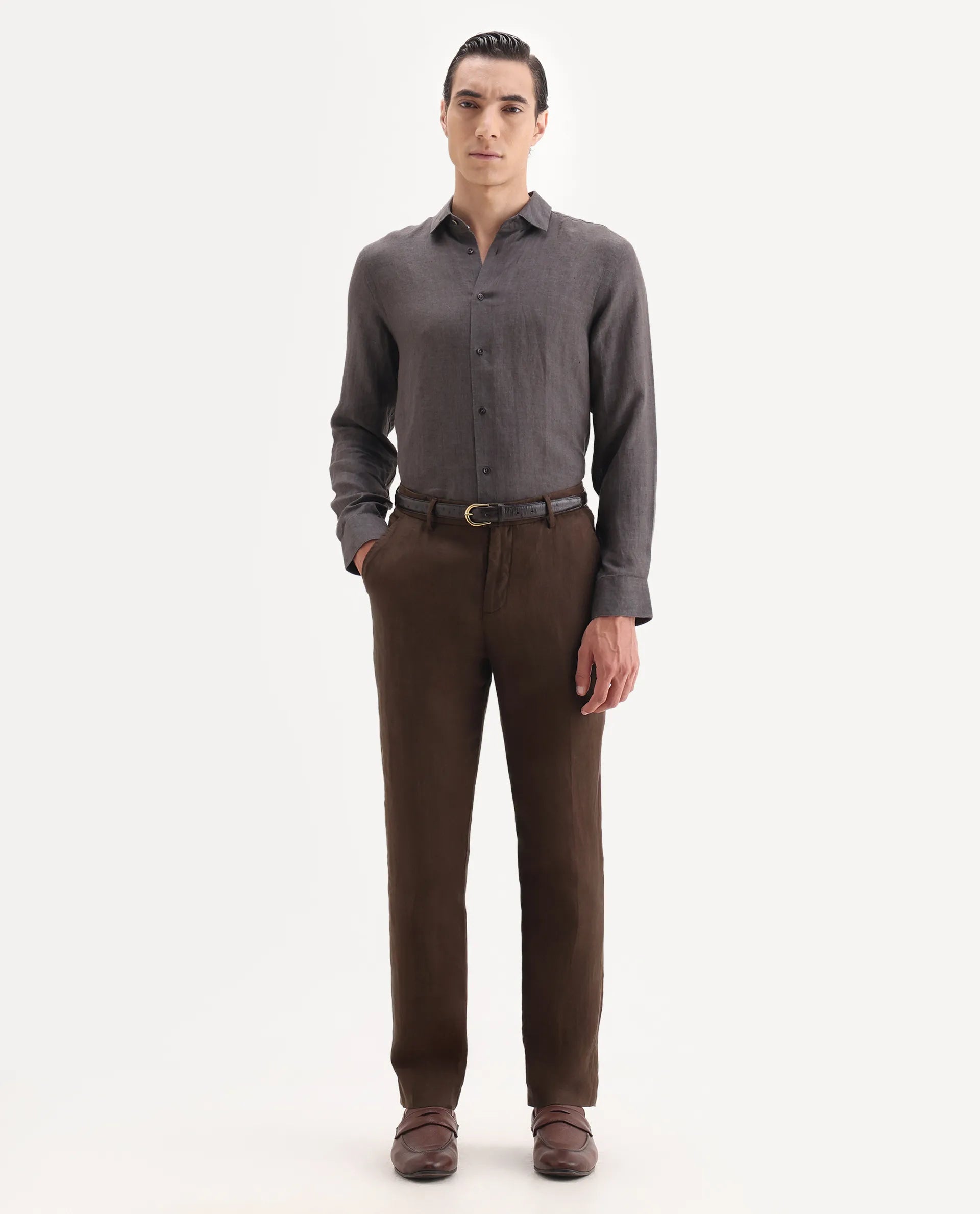 Rare Rabbit Men's Arcelo Brown Linen Plain Regular Fit Trouser