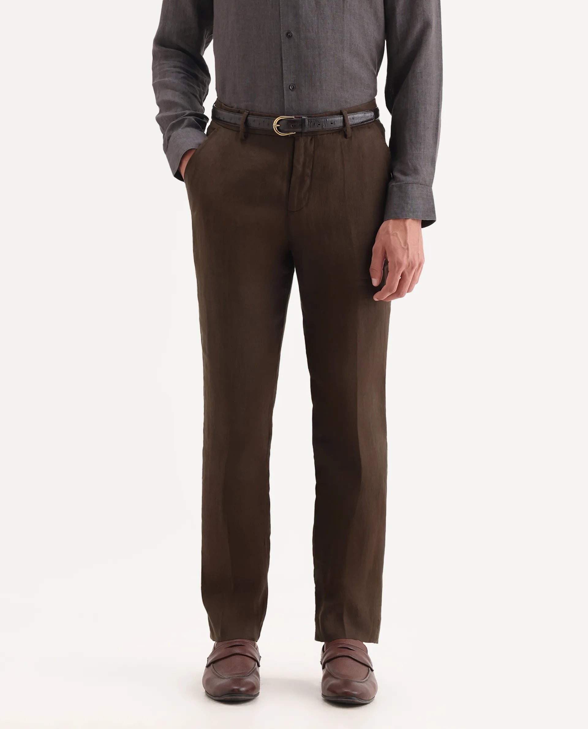 Rare Rabbit Men's Arcelo Brown Linen Plain Regular Fit Trouser