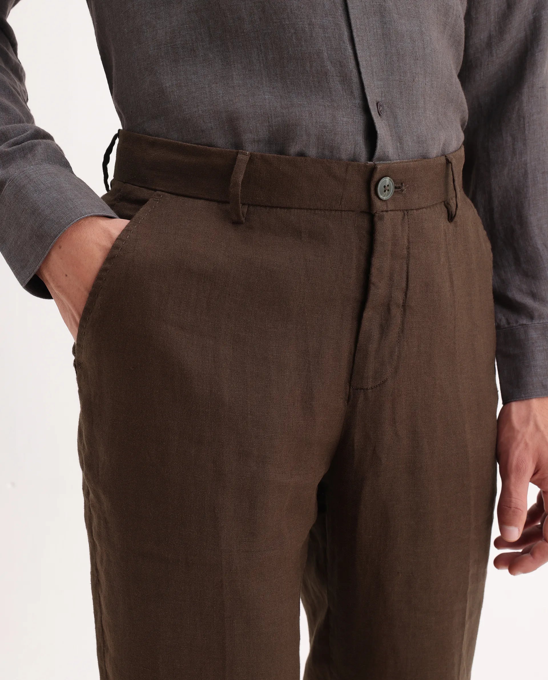 Rare Rabbit Men's Arcelo Brown Linen Plain Regular Fit Trouser