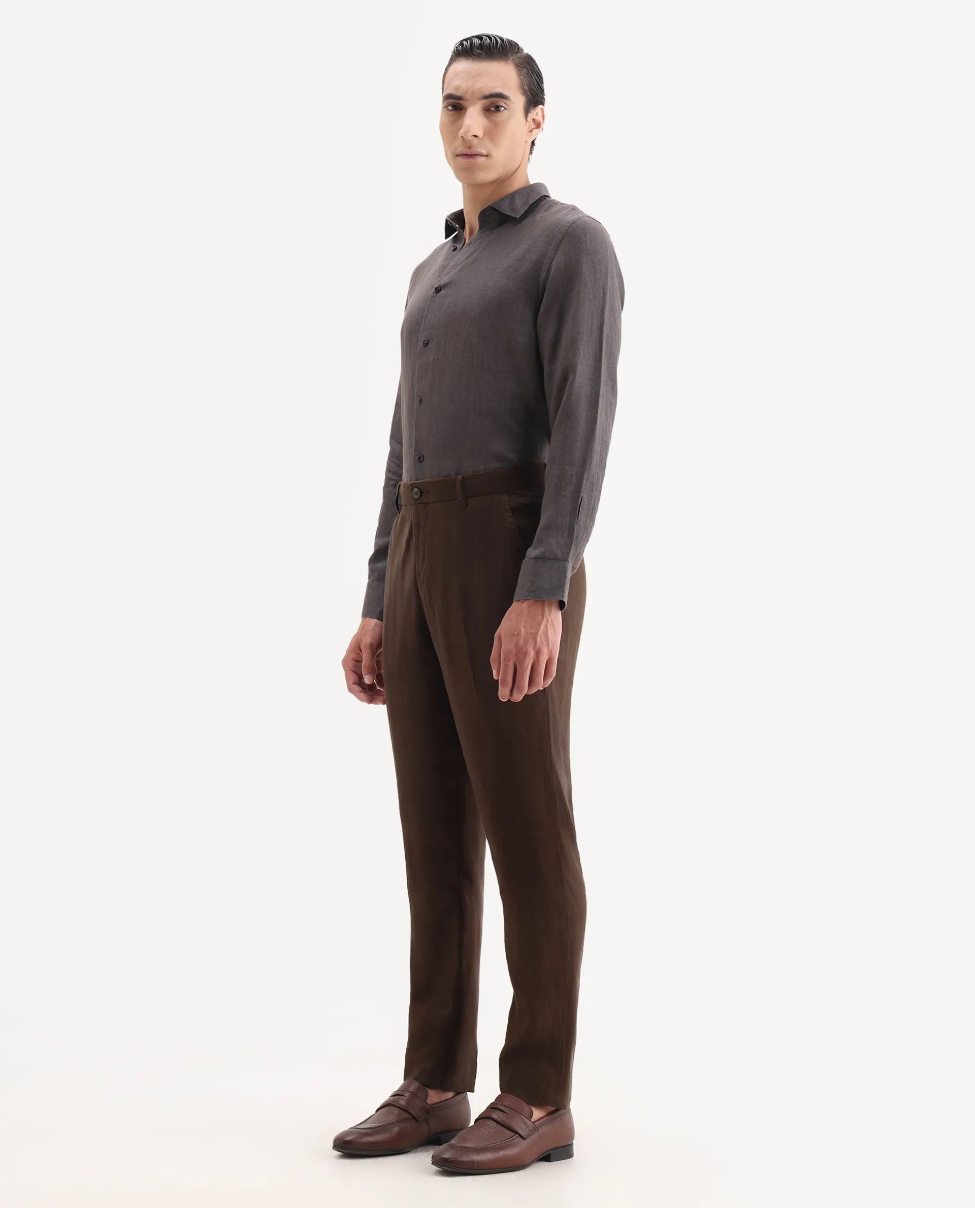 Rare Rabbit Men's Arcelo Brown Linen Plain Regular Fit Trouser