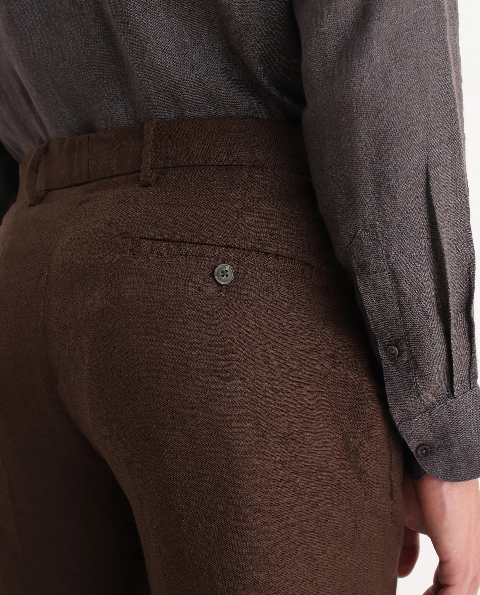 Rare Rabbit Men's Arcelo Brown Linen Plain Regular Fit Trouser