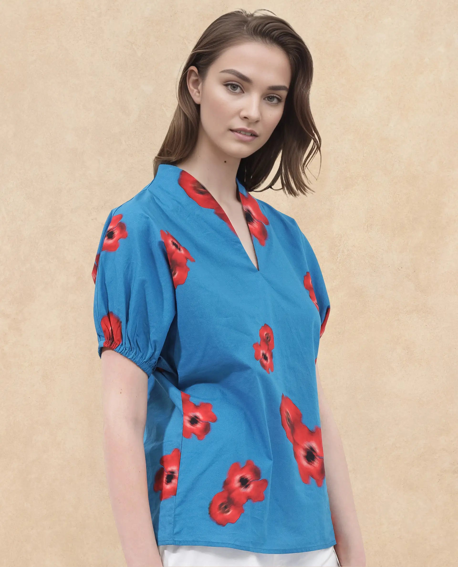 Rareism Women Archies-SC Blue Cotton Fabric Short Sleeves V-Neck Floral Print Regular Fit Top