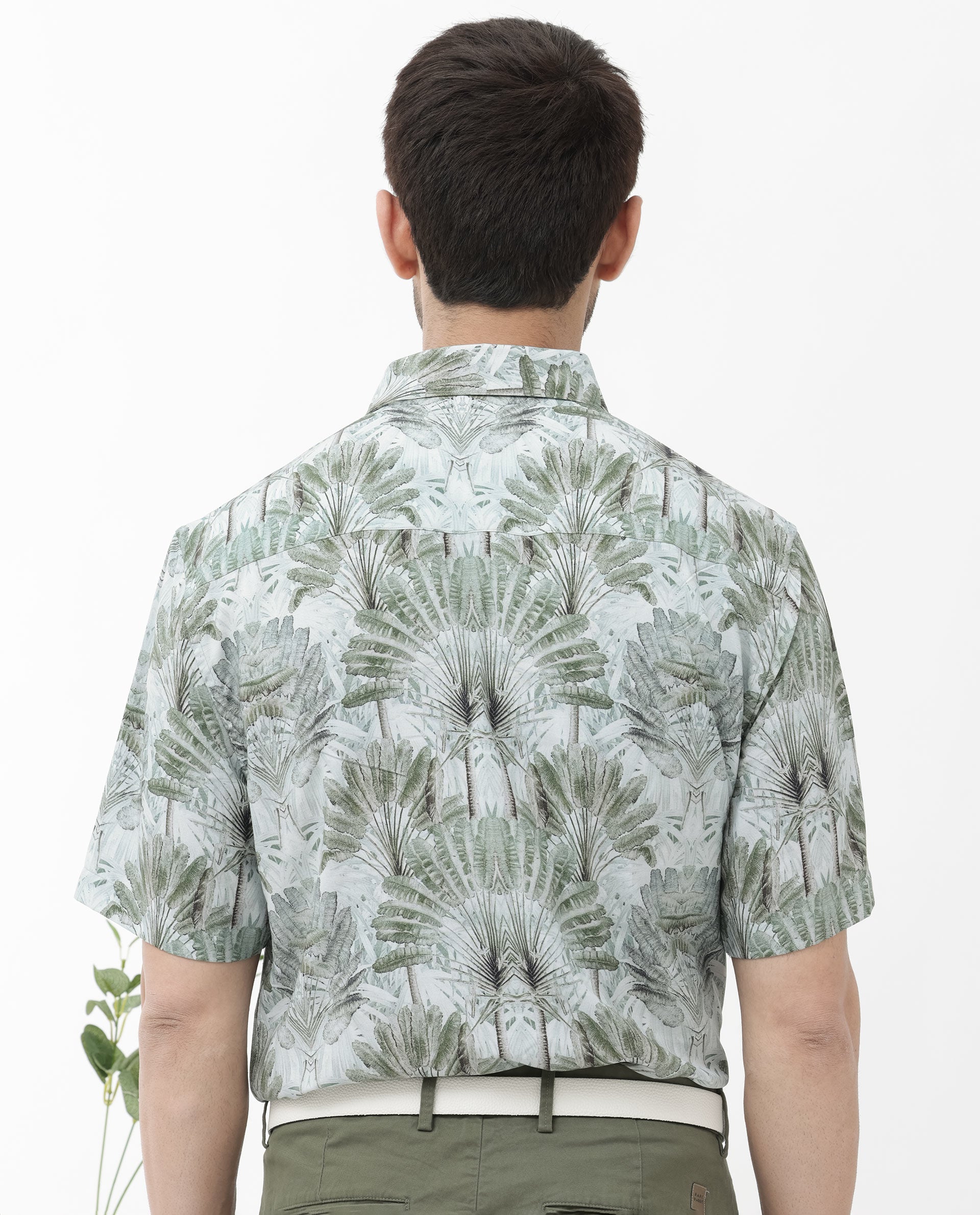 Rare Rabbit Mens Areno Light Green Viscose Fabric Short Sleeve Boxy Fit Tropical Print Shirt