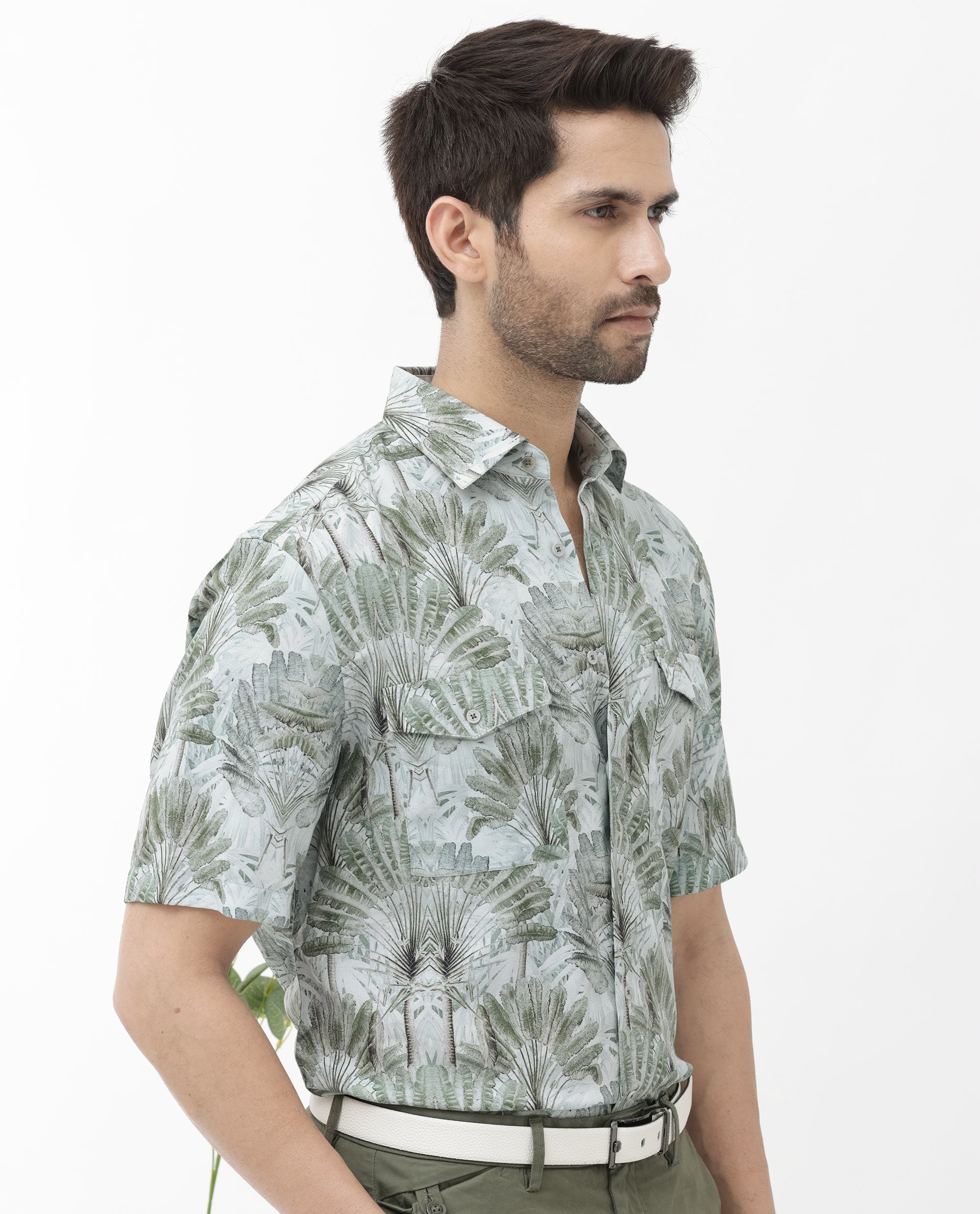 Rare Rabbit Mens Areno Light Green Viscose Fabric Short Sleeve Boxy Fit Tropical Print Shirt