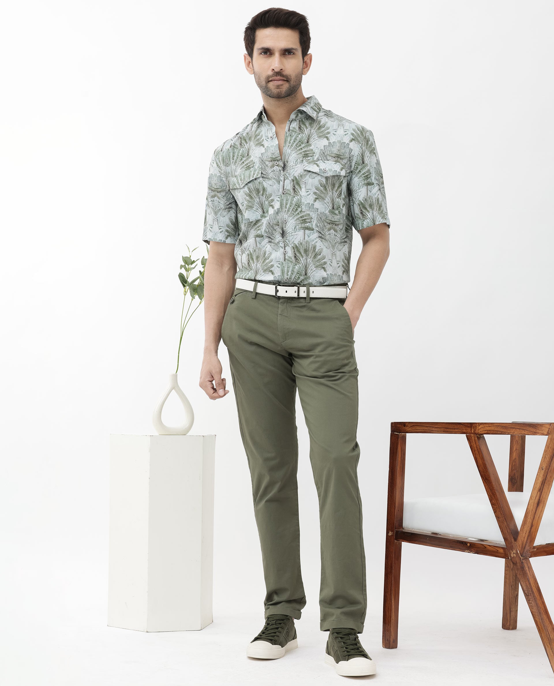 Rare Rabbit Mens Areno Light Green Viscose Fabric Short Sleeve Boxy Fit Tropical Print Shirt