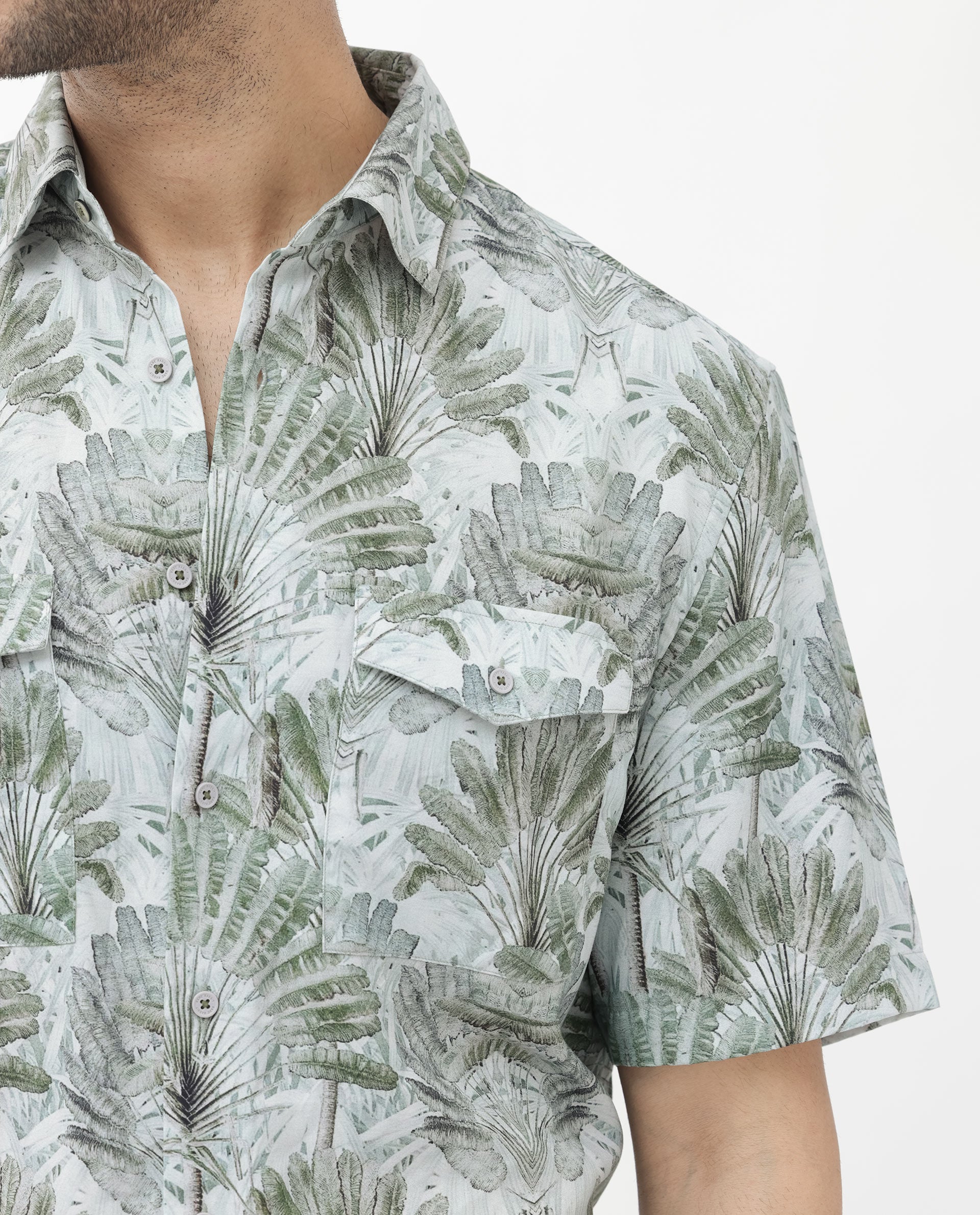 Rare Rabbit Mens Areno Light Green Viscose Fabric Short Sleeve Boxy Fit Tropical Print Shirt