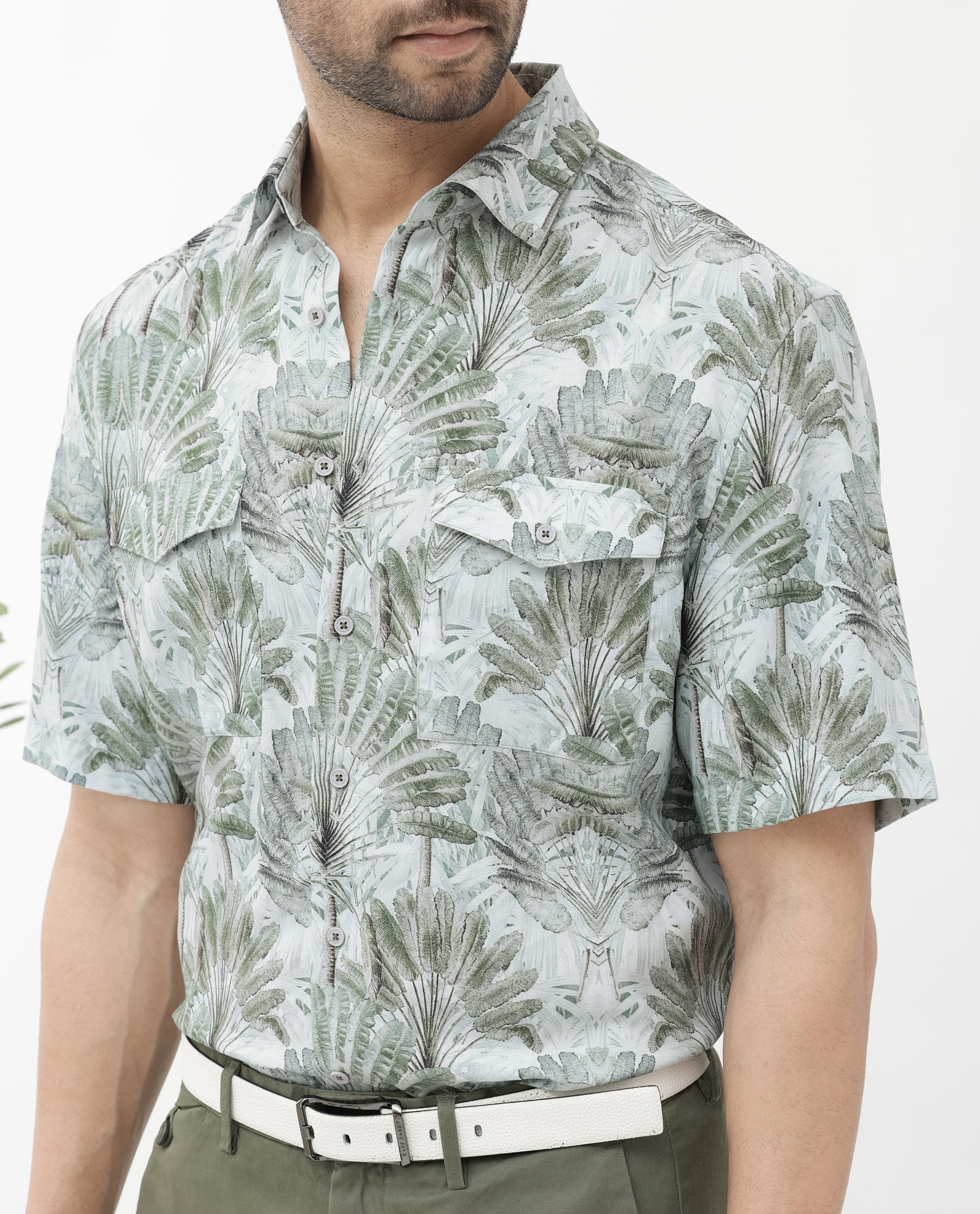 Rare Rabbit Mens Areno Light Green Viscose Fabric Short Sleeve Boxy Fit Tropical Print Shirt