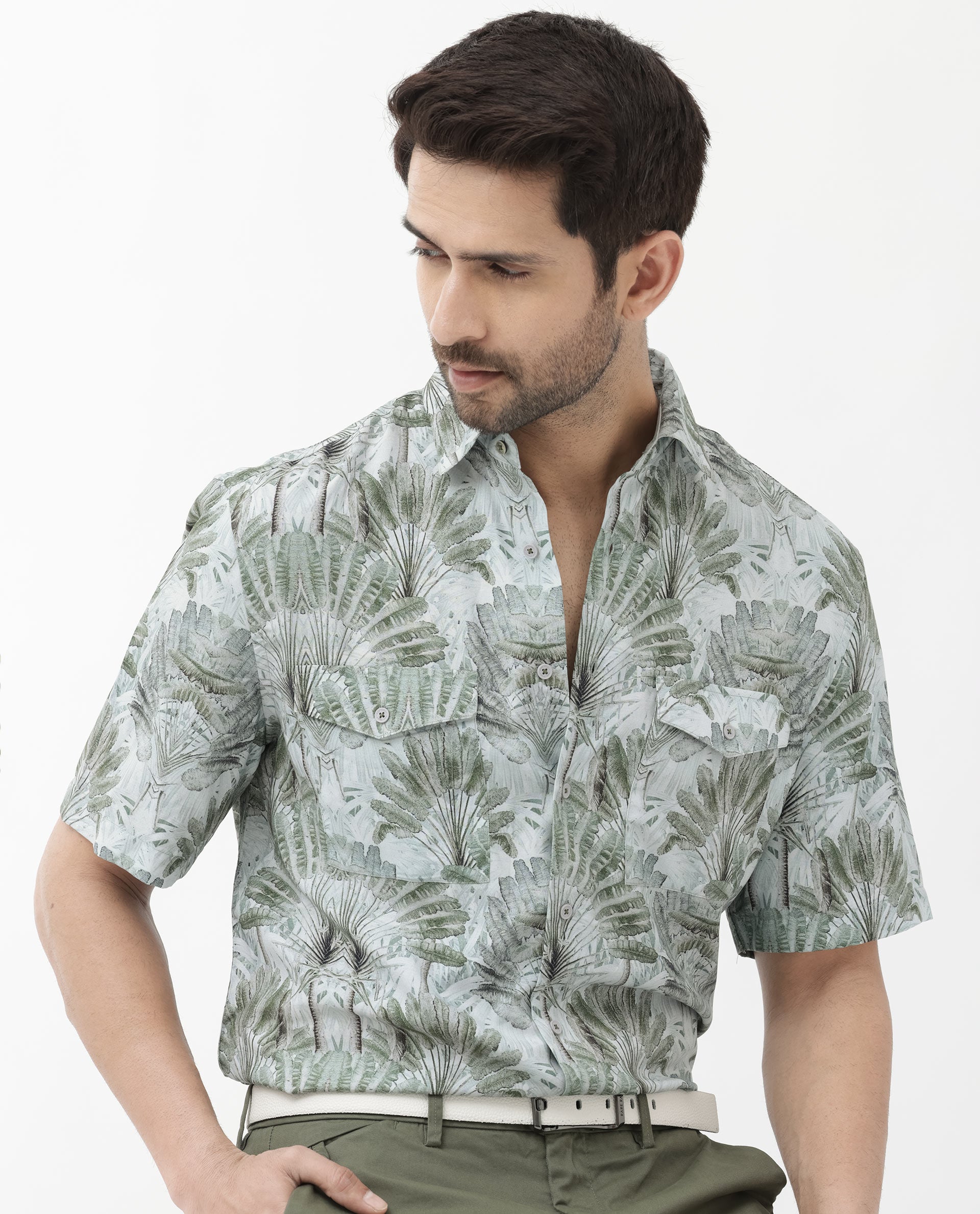 Rare Rabbit Mens Areno Light Green Viscose Fabric Short Sleeve Boxy Fit Tropical Print Shirt