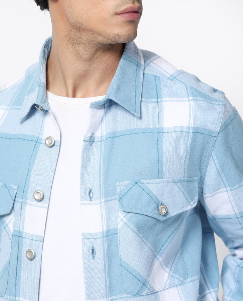 Rare Rabbit Men's Areo Pastel Blue Cotton Fabric Full Sleeves Button Closure Twill Checks Shacket