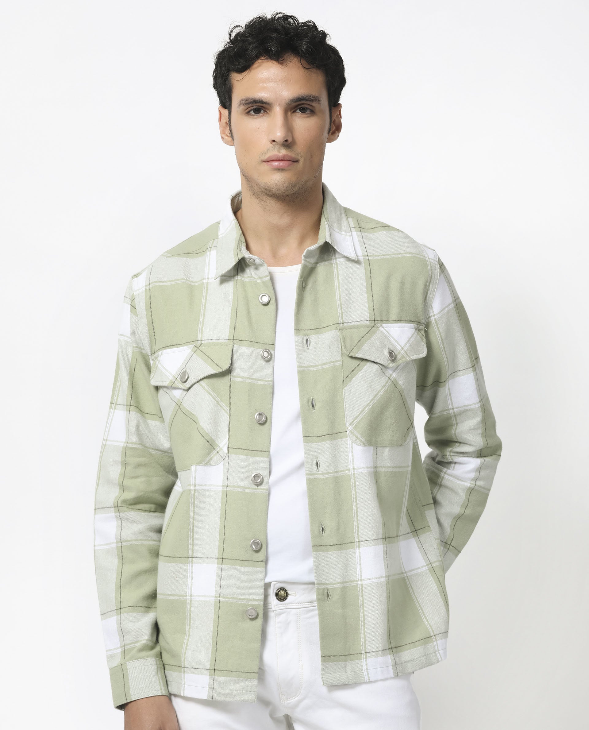 Rare Rabbit Men's Areo Pastel Green Cotton Fabric Full Sleeves Button Closure Twill Checks Shacket