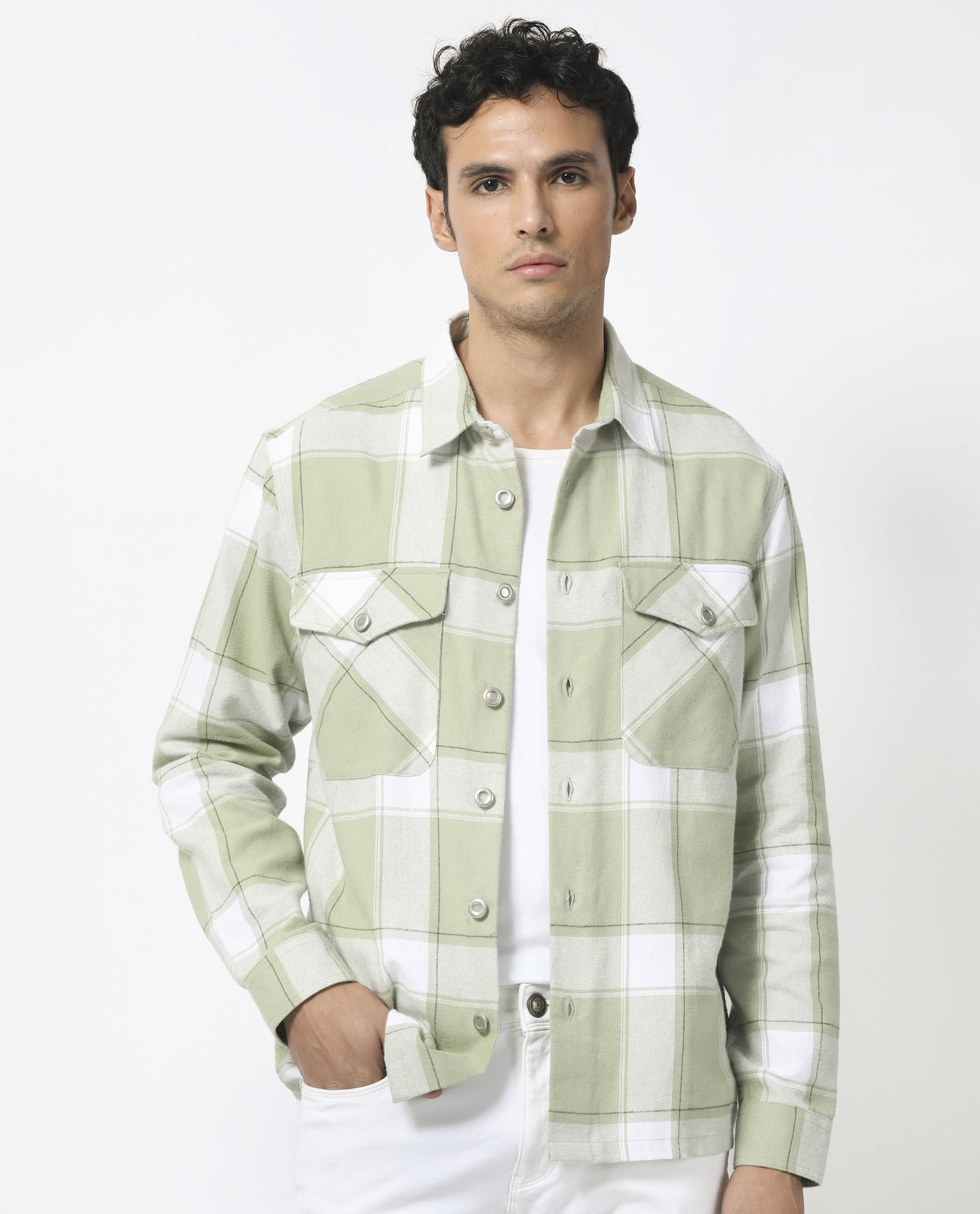 Rare Rabbit Men's Areo Pastel Green Cotton Fabric Full Sleeves Button Closure Twill Checks Shacket