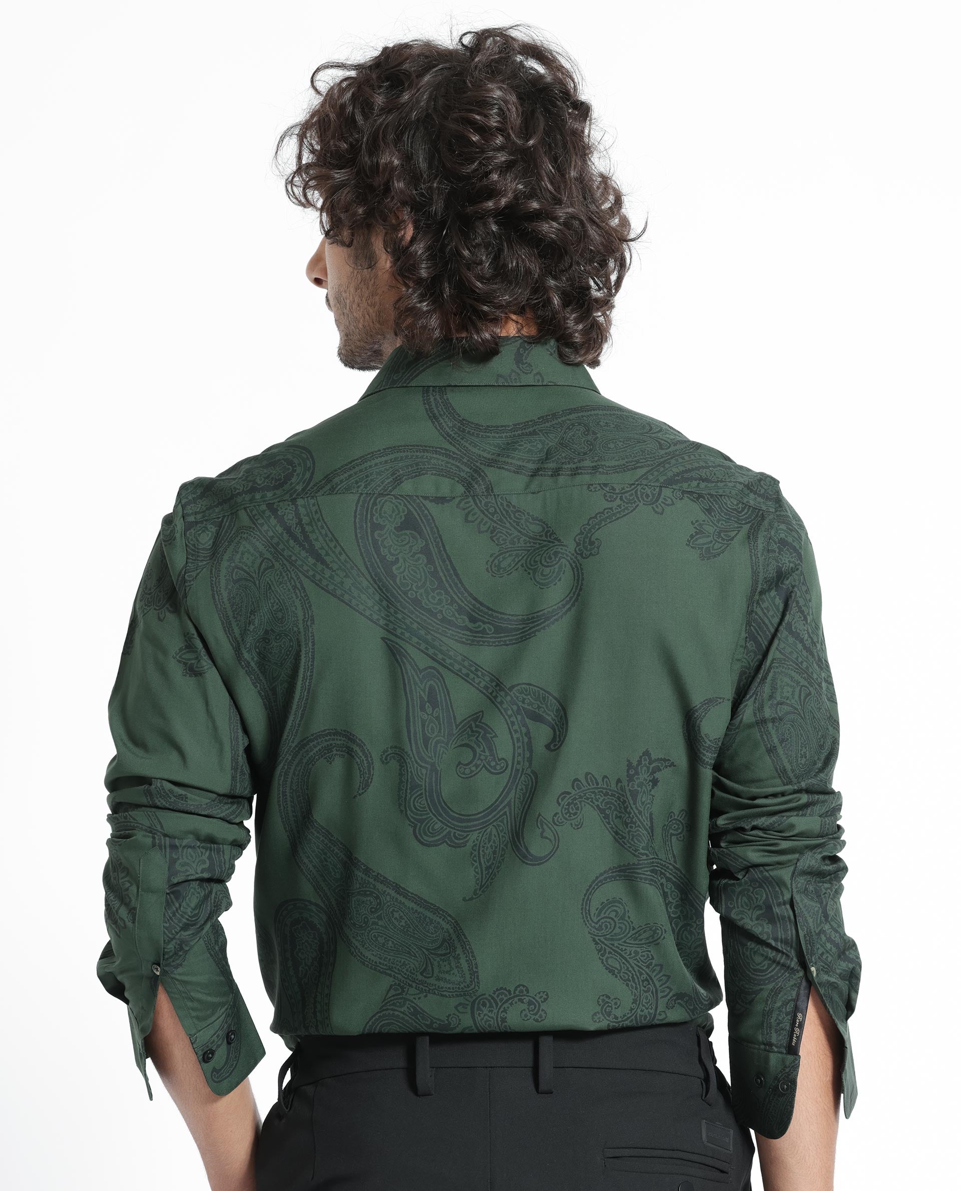 Rare Rabbit Men's Ares Green Viscose Fabric Paisley Print Full Sleeves Shirt