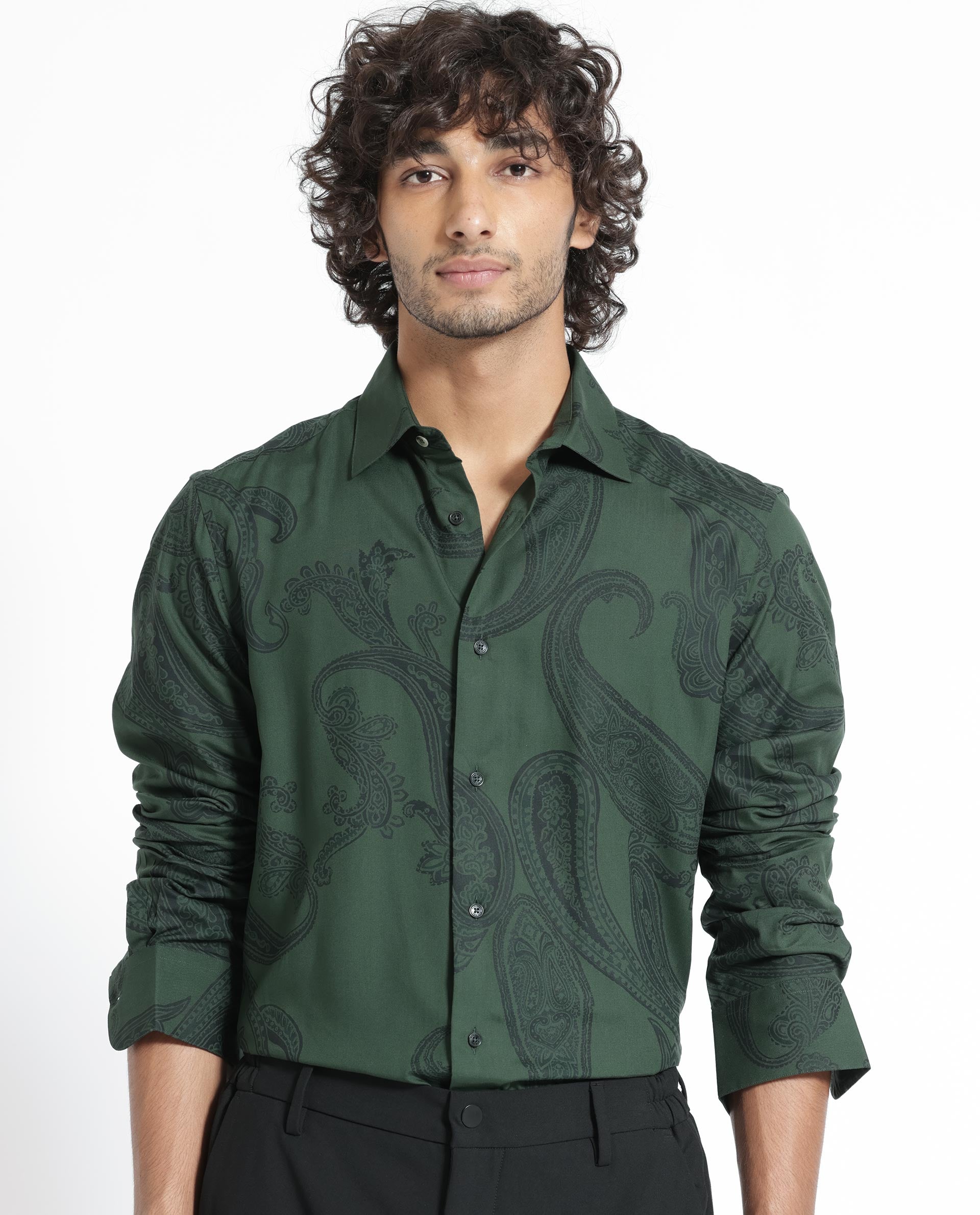 Rare Rabbit Men's Ares Green Viscose Fabric Paisley Print Full Sleeves Shirt