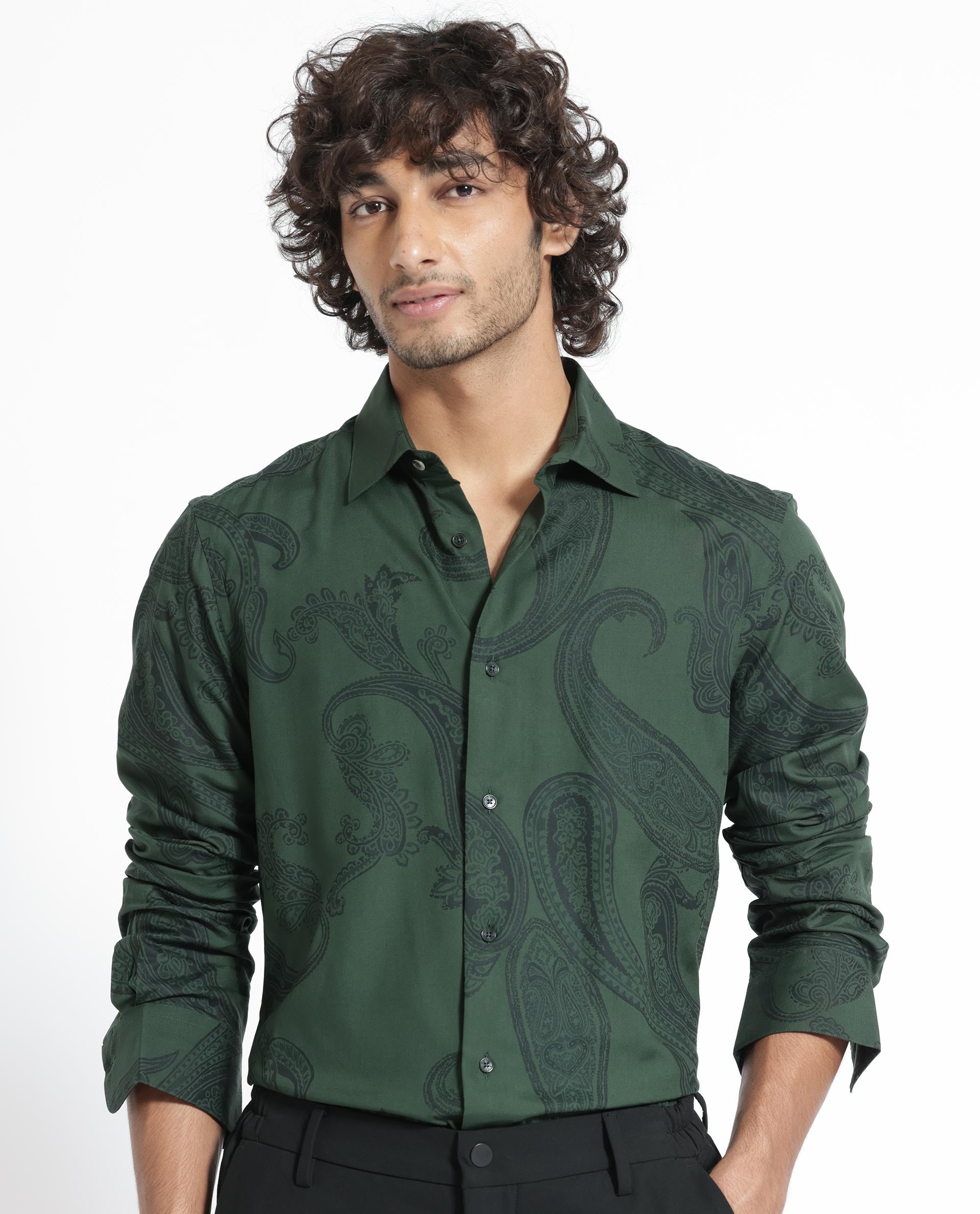 Rare Rabbit Men's Ares Green Viscose Fabric Paisley Print Full Sleeves Shirt