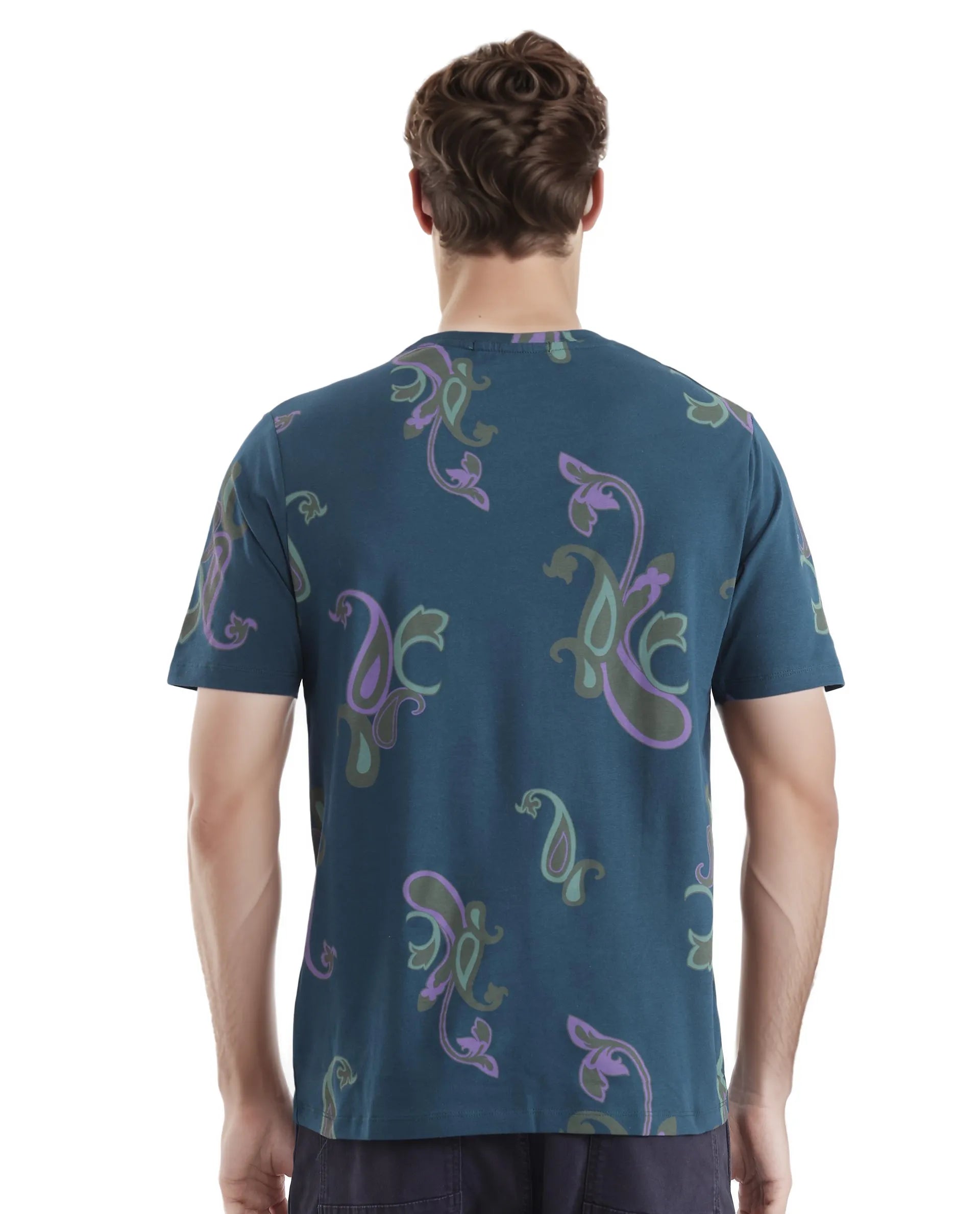 Rare Rabbit Men's Argus-1 Petrol Cotton Lycra Fabric Short Sleeve Crew Neck Graphic Print T-Shirt