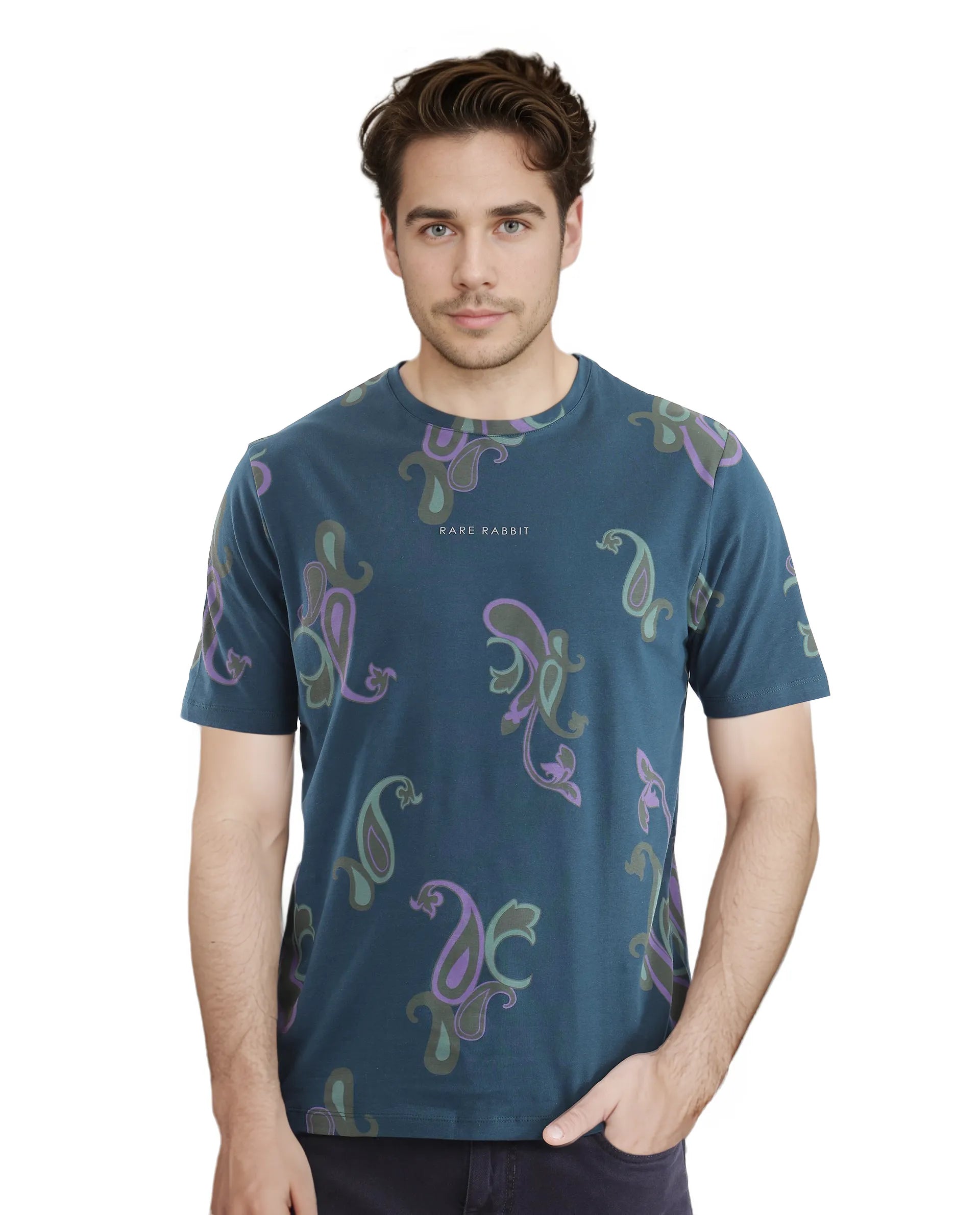 Rare Rabbit Men's Argus-1 Petrol Cotton Lycra Fabric Short Sleeve Crew Neck Graphic Print T-Shirt