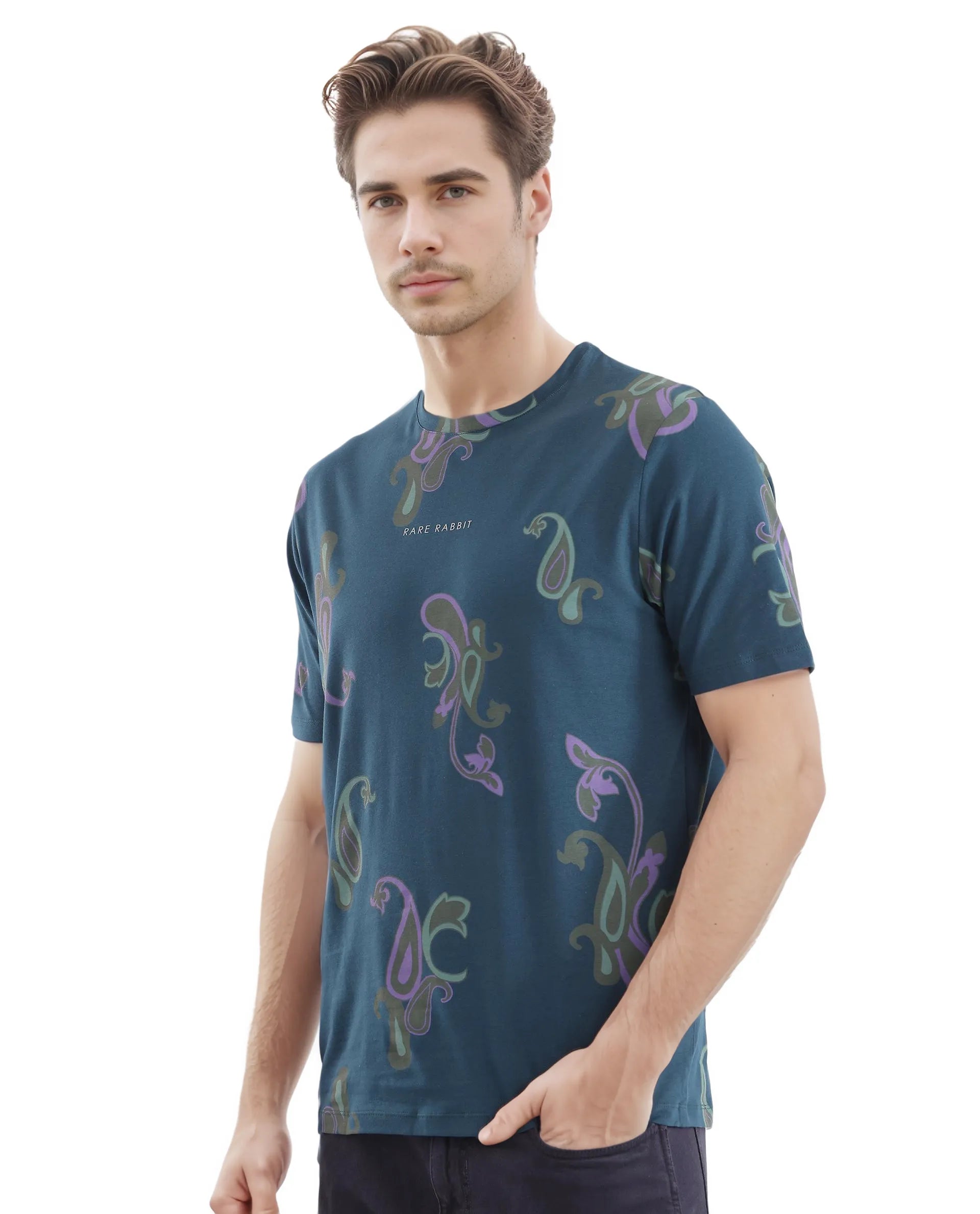 Rare Rabbit Men's Argus-1 Petrol Cotton Lycra Fabric Short Sleeve Crew Neck Graphic Print T-Shirt