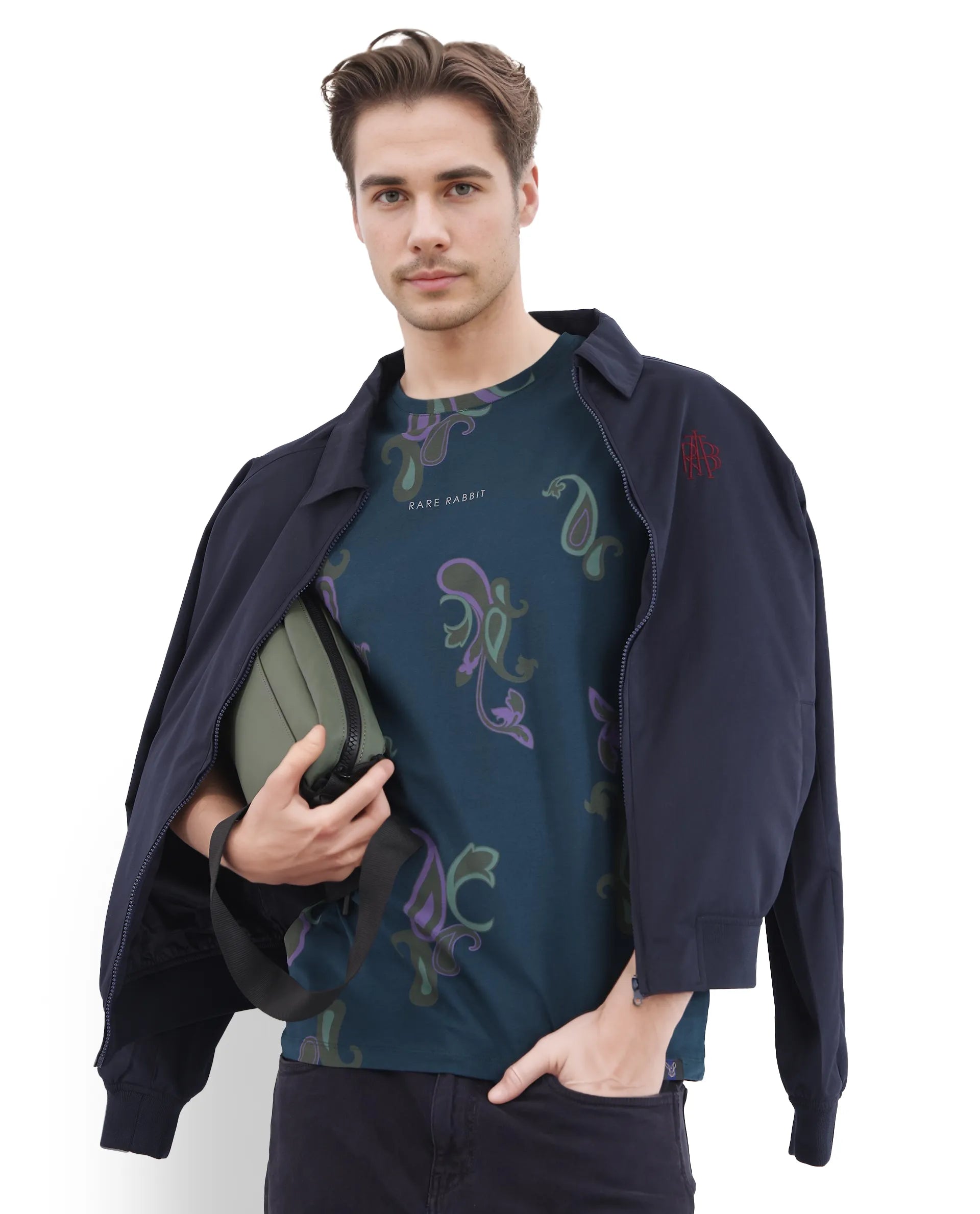 Rare Rabbit Men's Argus-1 Petrol Cotton Lycra Fabric Short Sleeve Crew Neck Graphic Print T-Shirt